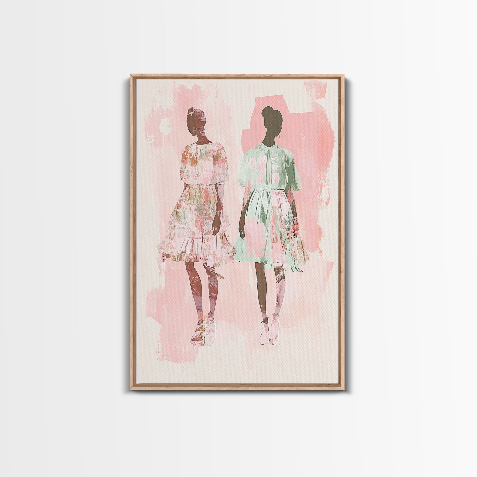 Fashion Silhouettes Canvas Print Whimsical Pink Wall Art Minimalist Decor Vertical Bedroom Art Cottagecore Style Living Room Artwork