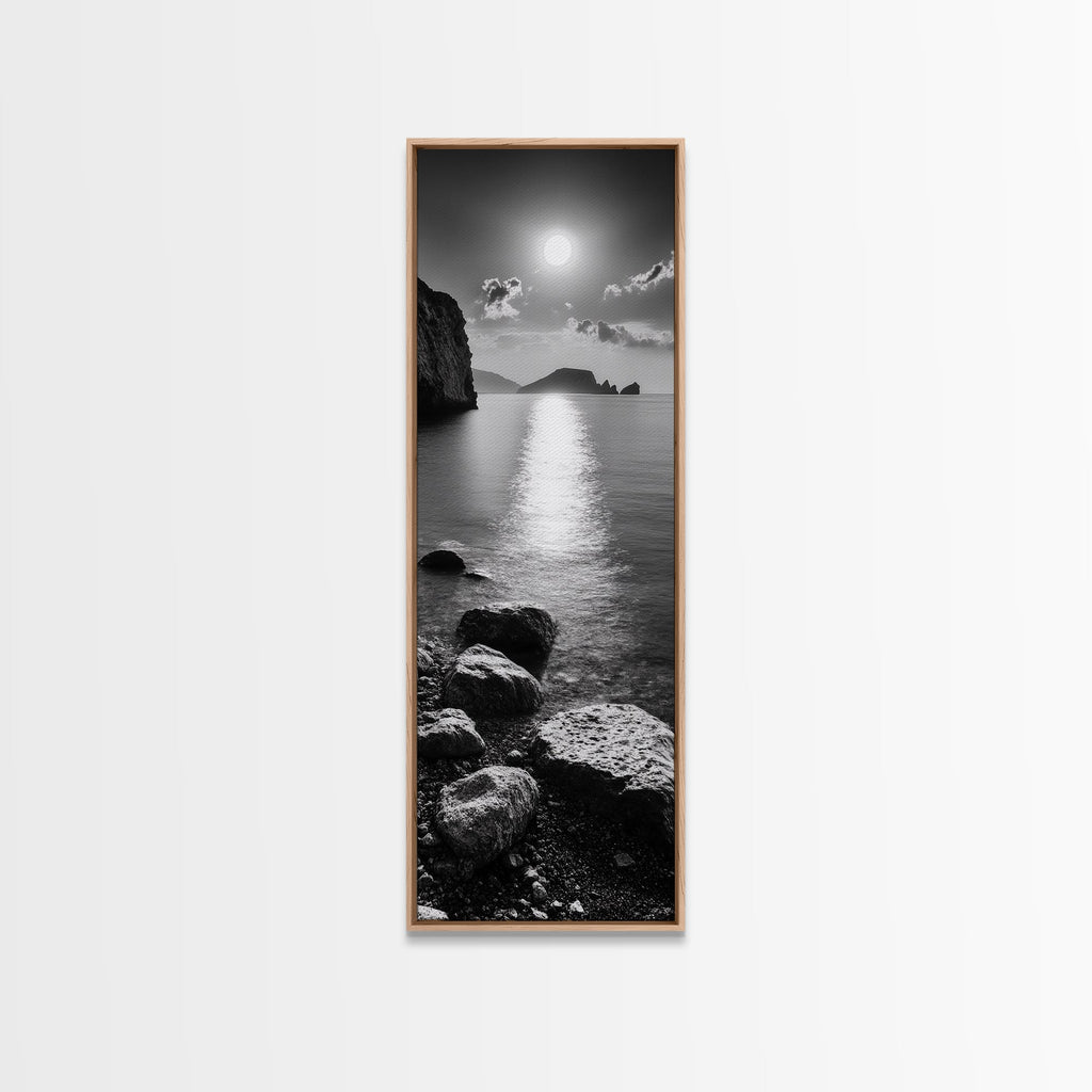Moonlight Ocean View, Coastal Photography Art, Seascape Print, Framed Canvas Print, Bathroom Wall Art, Neutral Beach Decor