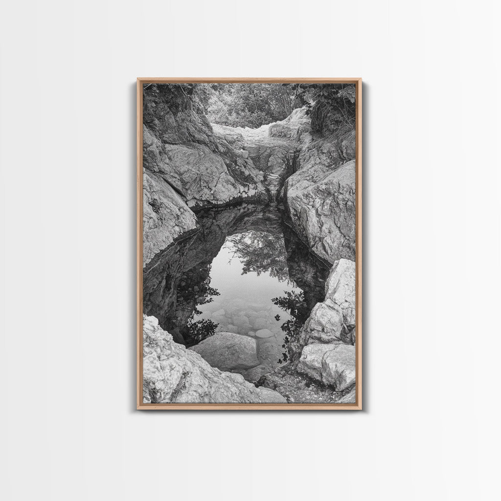 Reflective Rock Pool, Tranquil Nature, Monochrome Landscape, Black and White Framed Canvas Print, Minimalist Bathroom or Spa Wall Art