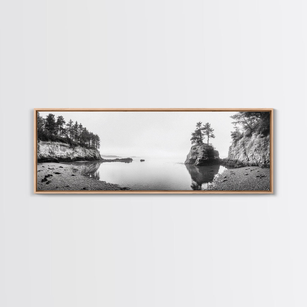 Forest Cove, Serene Shoreline, Calm Reflections, Canvas Print, peaceful nature wall art, neutral tones decor, minimalist bathroom artwork