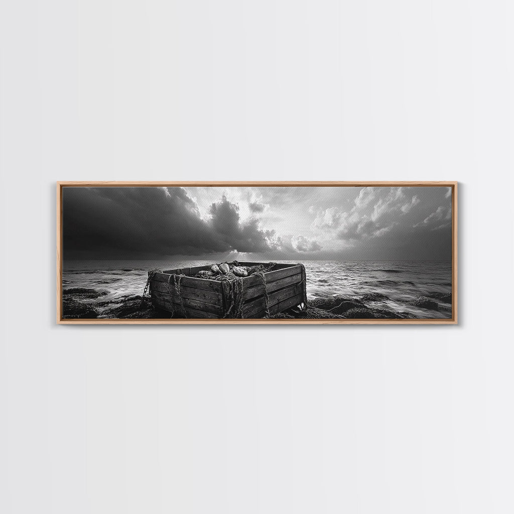 Ocean Harvest, Driftwood Crate, Coastal Mood, Framed Canvas Print, Nautical Wall Decor, Rustic Bathroom Art, Moody Coastal Artwork