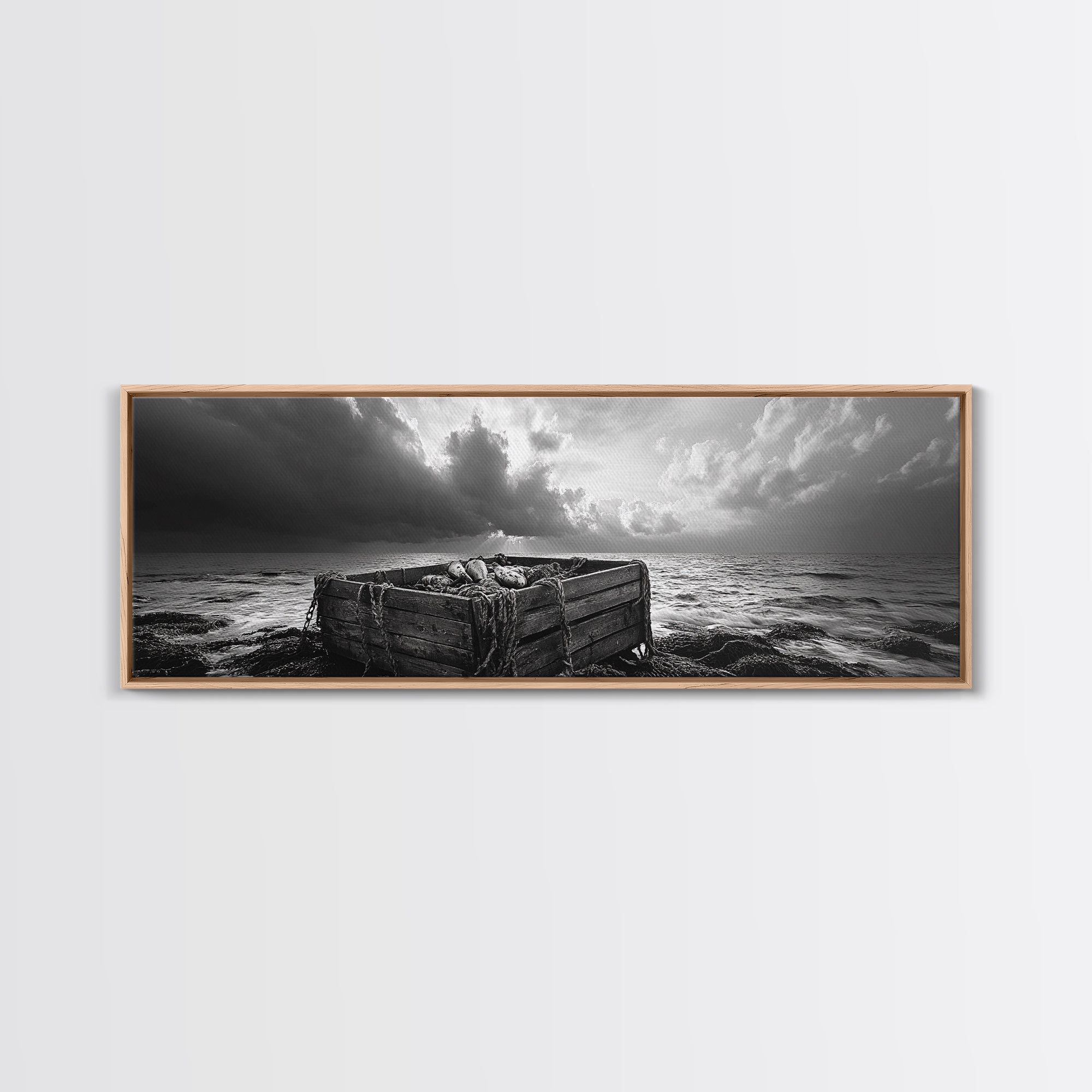 Ocean Harvest, Driftwood Crate, Coastal Mood, Framed Canvas Print, Nautical Wall Decor, Rustic Bathroom Art, Moody Coastal Artwork