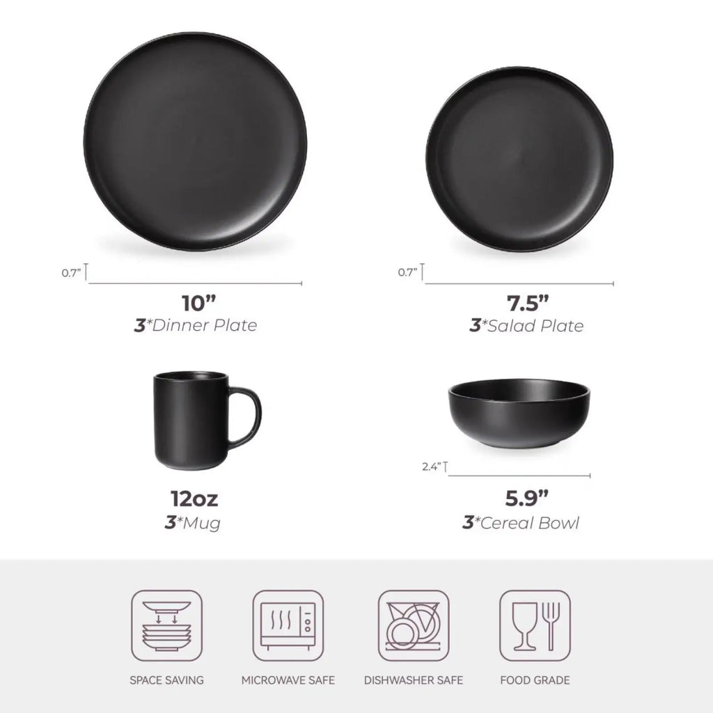 12-piece Matte Black Stoneware Dinnerware Set for 3