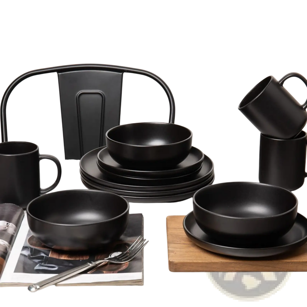 12-piece Matte Black Stoneware Dinnerware Set for 3