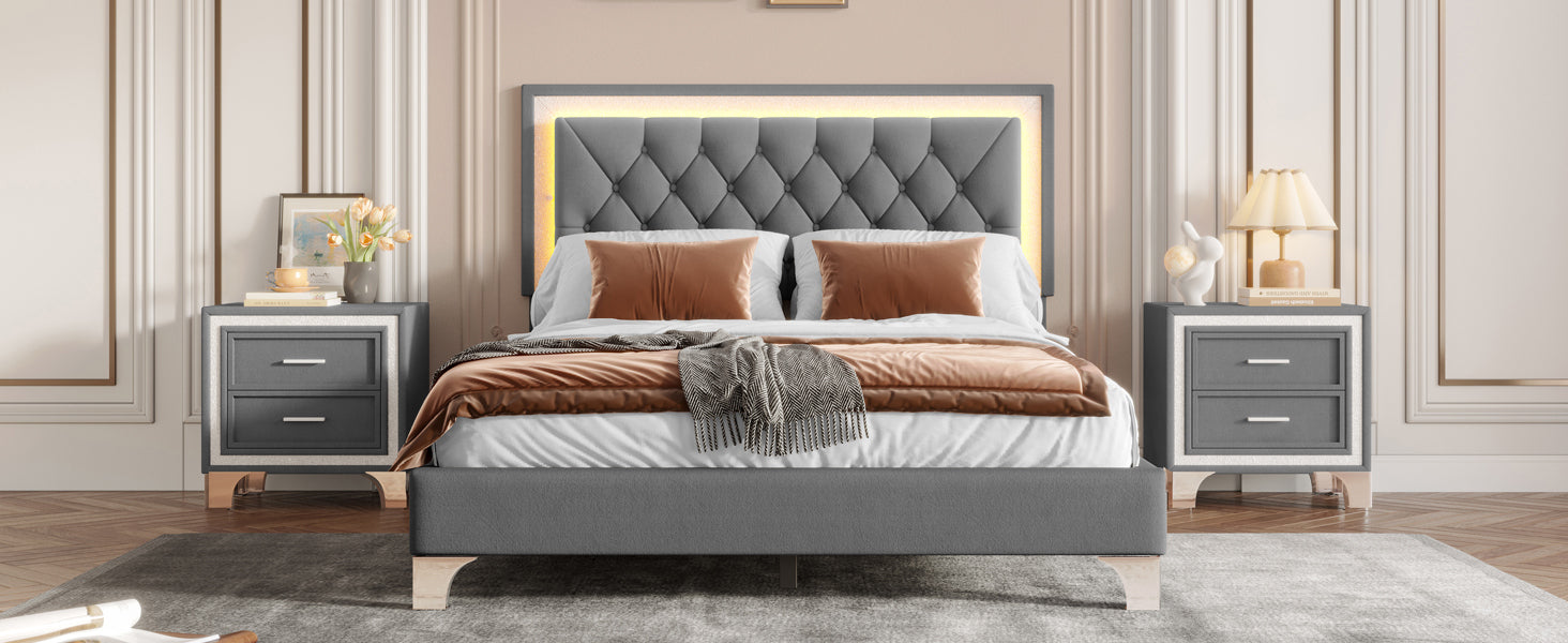 3-Pieces Bedroom Set, Queen Size Upholstered Platform Bed with LED Lights and Two Nightstands - Gray