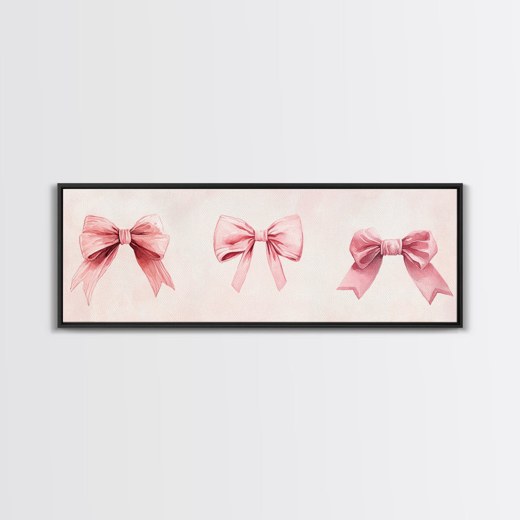 Light Pink Wall Art Canvas Print with Bows Decor, Minimalist Painting, Bedroom Art, Horizontal Abstract Artwork for Living Room