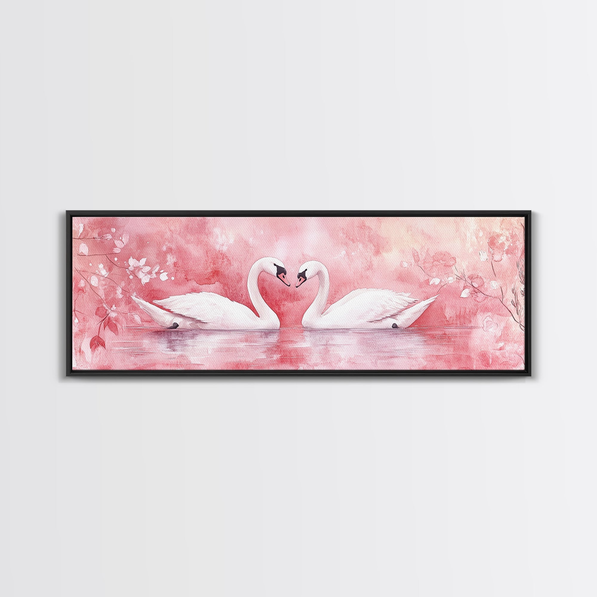 Swan Couple Lake Wall Art Framed Canvas Print, Romantic Cottagecore Decor, Light Pink Bedroom Artwork Rustic Living Room Art Gift