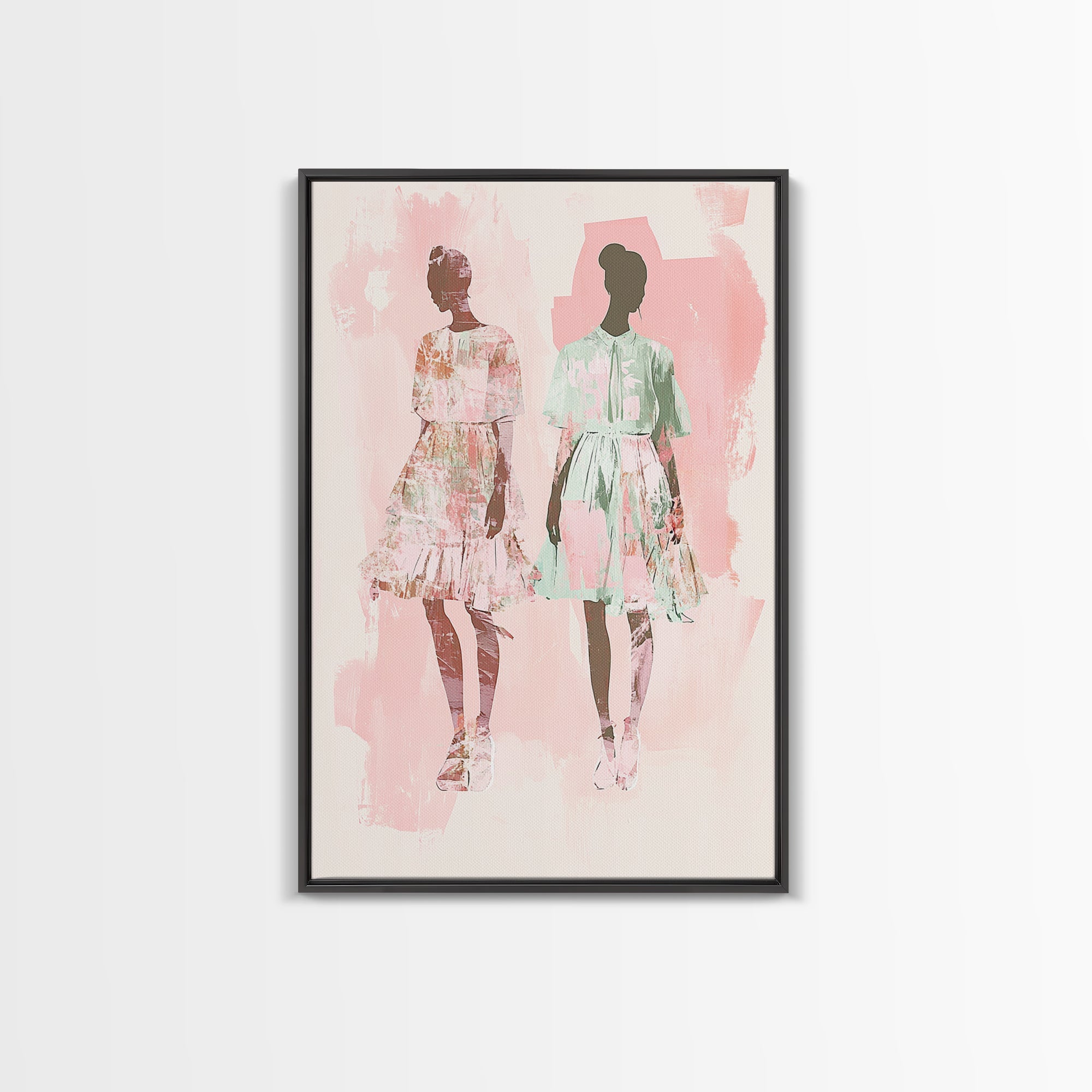 Fashion Silhouettes Canvas Print Whimsical Pink Wall Art Minimalist Decor Vertical Bedroom Art Cottagecore Style Living Room Artwork