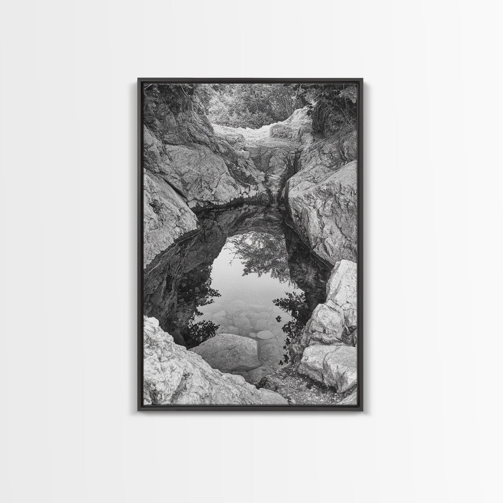 Reflective Rock Pool, Tranquil Nature, Monochrome Landscape, Black and White Framed Canvas Print, Minimalist Bathroom or Spa Wall Art