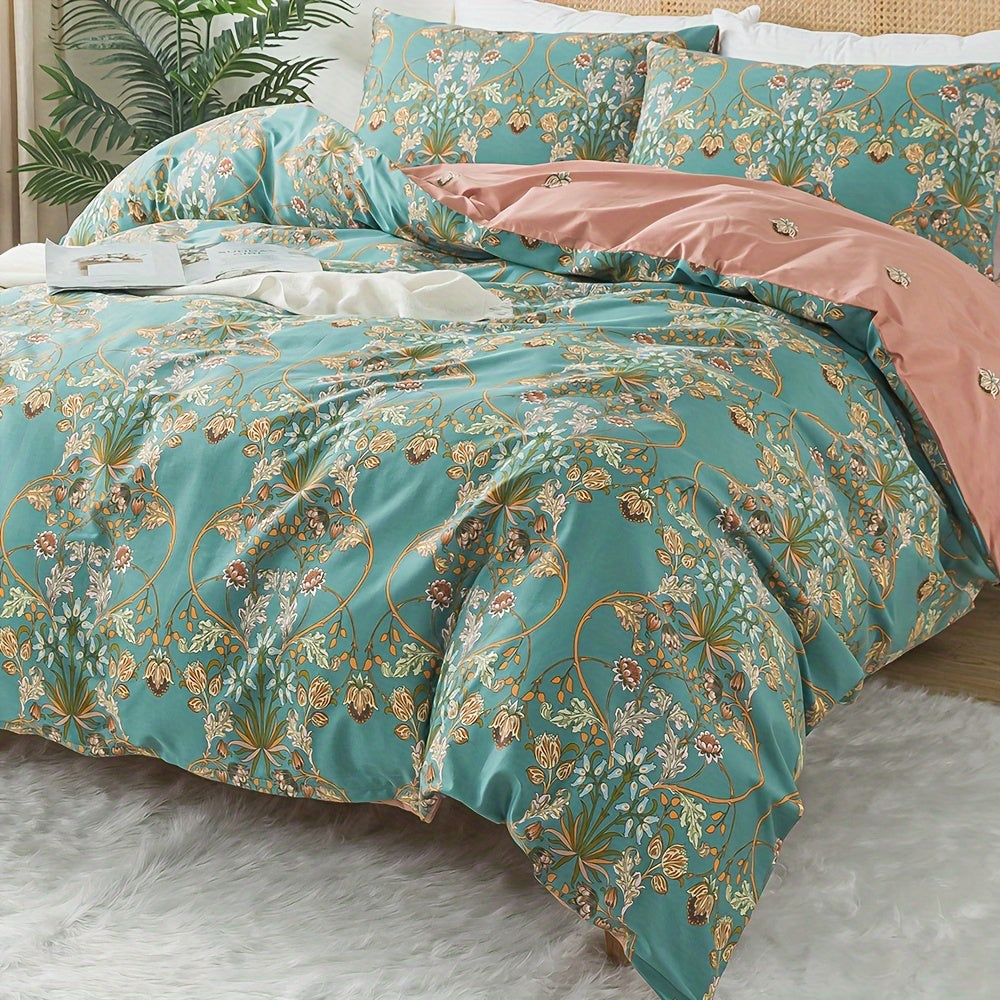 Percale Cotton Duvet Cover Set - 3-Piece Floral Botanical Bedding (Queen/King)