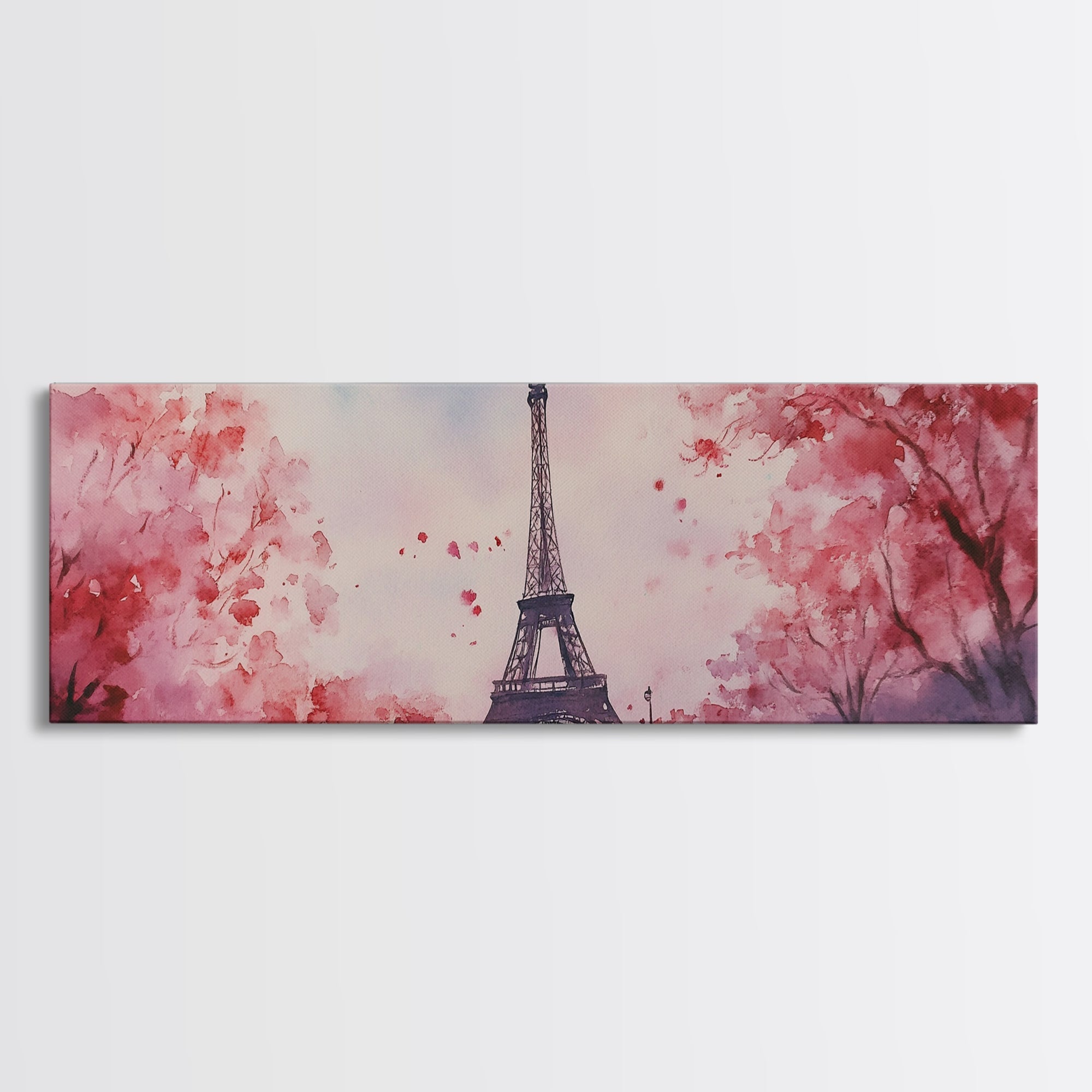 Eiffel Tower Canvas Print Pink Cherry Blossom Art Romantic Living Room Artwork Paris Decor Horizontal Bedroom Cottagecore Style