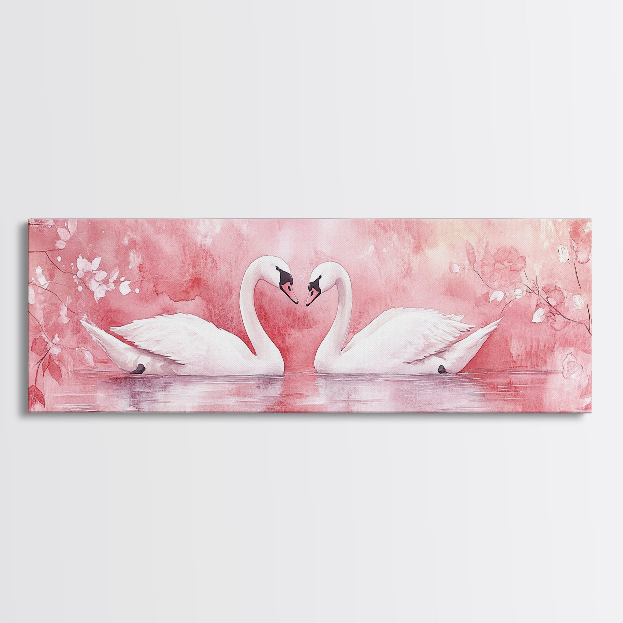 Swan Couple Lake Wall Art Framed Canvas Print, Romantic Cottagecore Decor, Light Pink Bedroom Artwork Rustic Living Room Art Gift