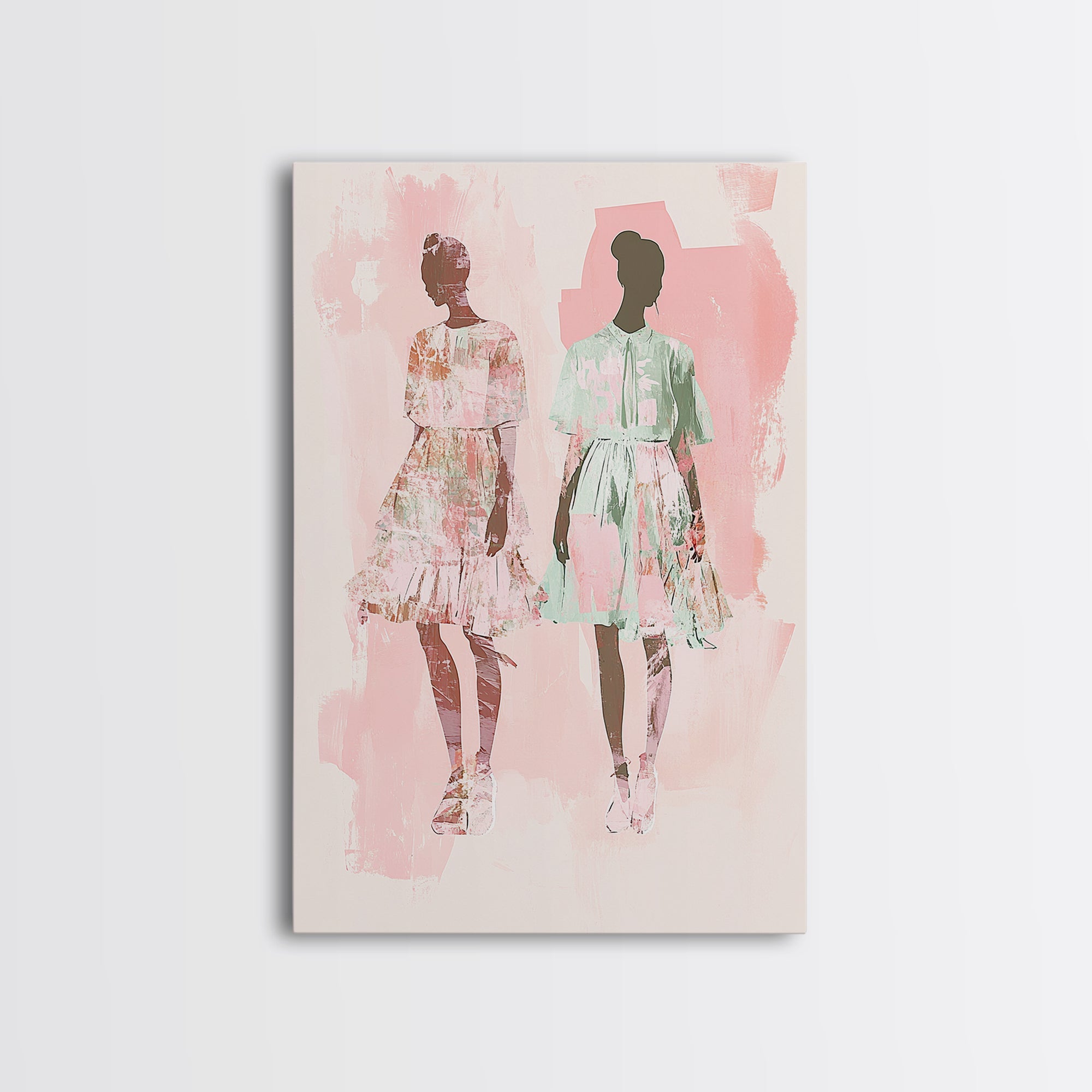 Fashion Silhouettes Canvas Print Whimsical Pink Wall Art Minimalist Decor Vertical Bedroom Art Cottagecore Style Living Room Artwork