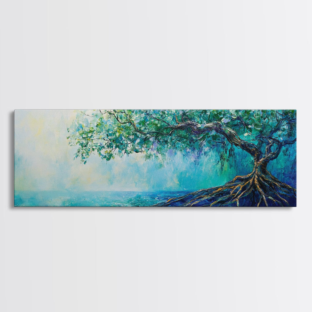 Mystical Tree Art Canvas Print Blue Abstract Nature Wall Decor Dreamy Coastal Artwork Living Room or Bedroom Accent Minimalist Boho