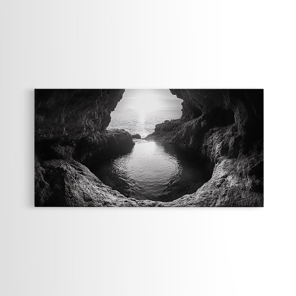Ocean Cave Sunset, Seascape Art, Black and White Photography, Coastal Decor, Minimalist Style, Canvas Print, Bathroom Wall Art