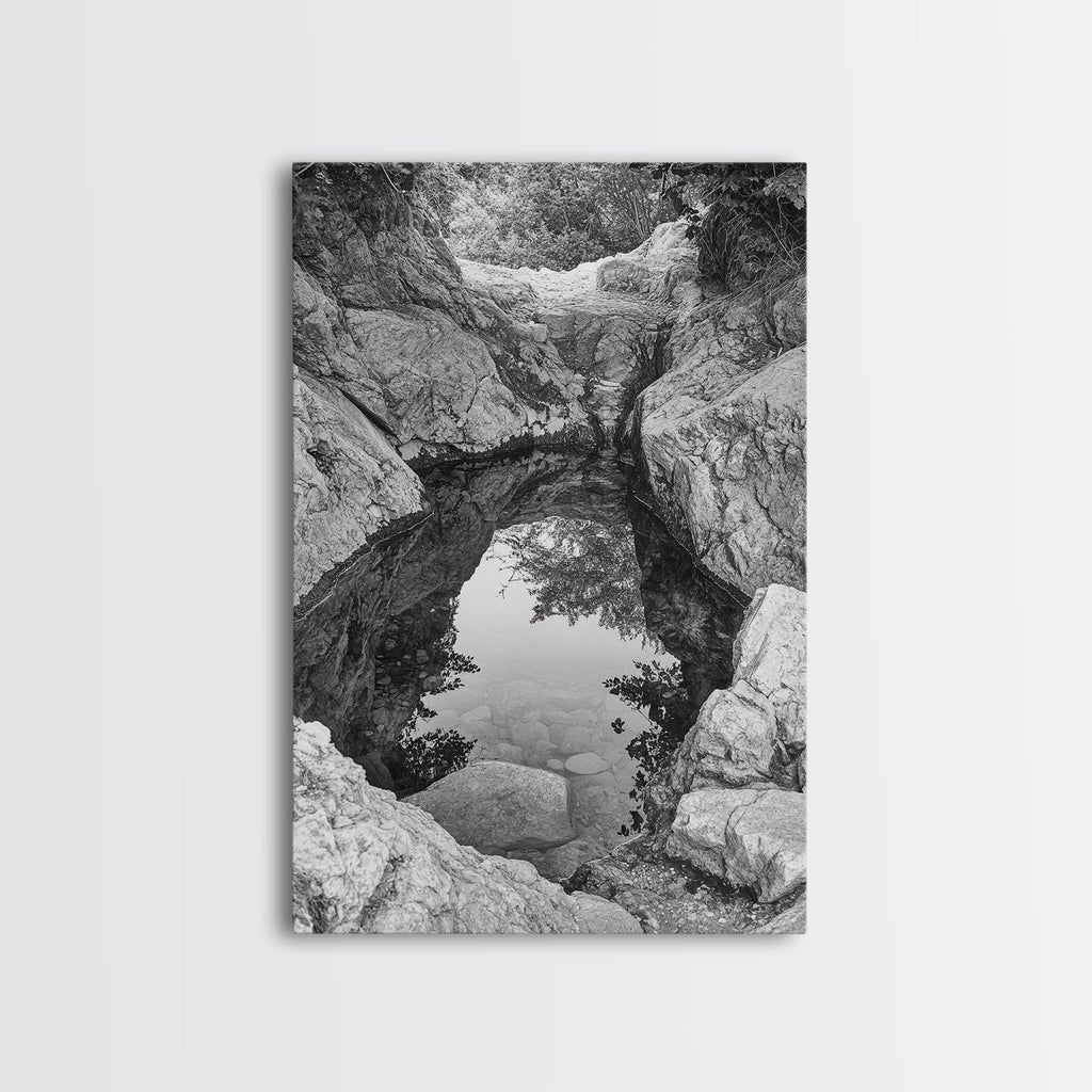 Reflective Rock Pool, Tranquil Nature, Monochrome Landscape, Black and White Framed Canvas Print, Minimalist Bathroom or Spa Wall Art