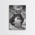 Reflective Rock Pool, Tranquil Nature, Monochrome Landscape, Black and White Framed Canvas Print, Minimalist Bathroom or Spa Wall Art
