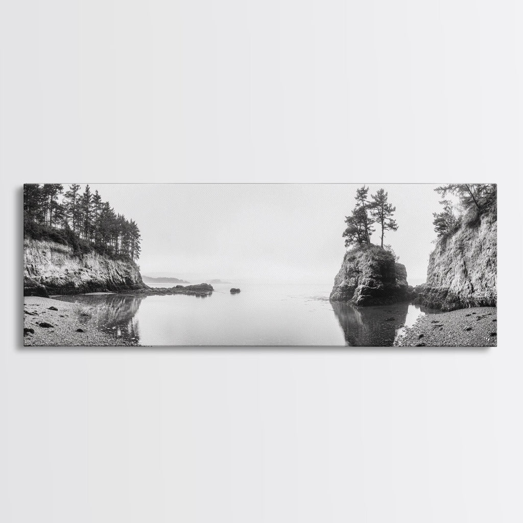 Forest Cove, Serene Shoreline, Calm Reflections, Canvas Print, peaceful nature wall art, neutral tones decor, minimalist bathroom artwork