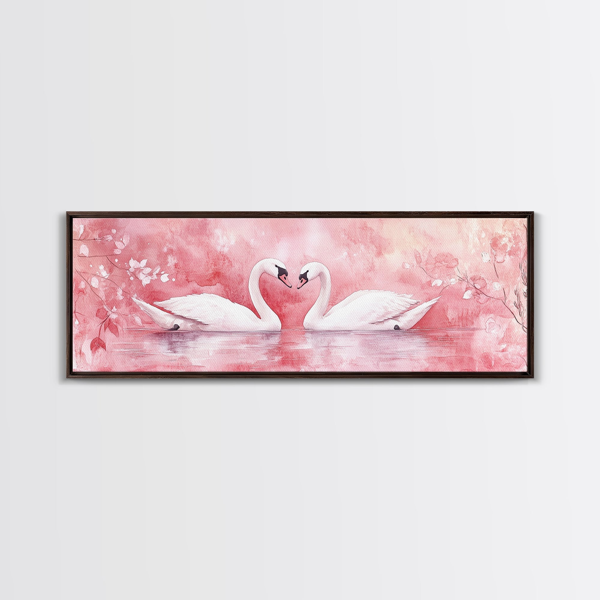 Swan Couple Lake Wall Art Framed Canvas Print, Romantic Cottagecore Decor, Light Pink Bedroom Artwork Rustic Living Room Art Gift