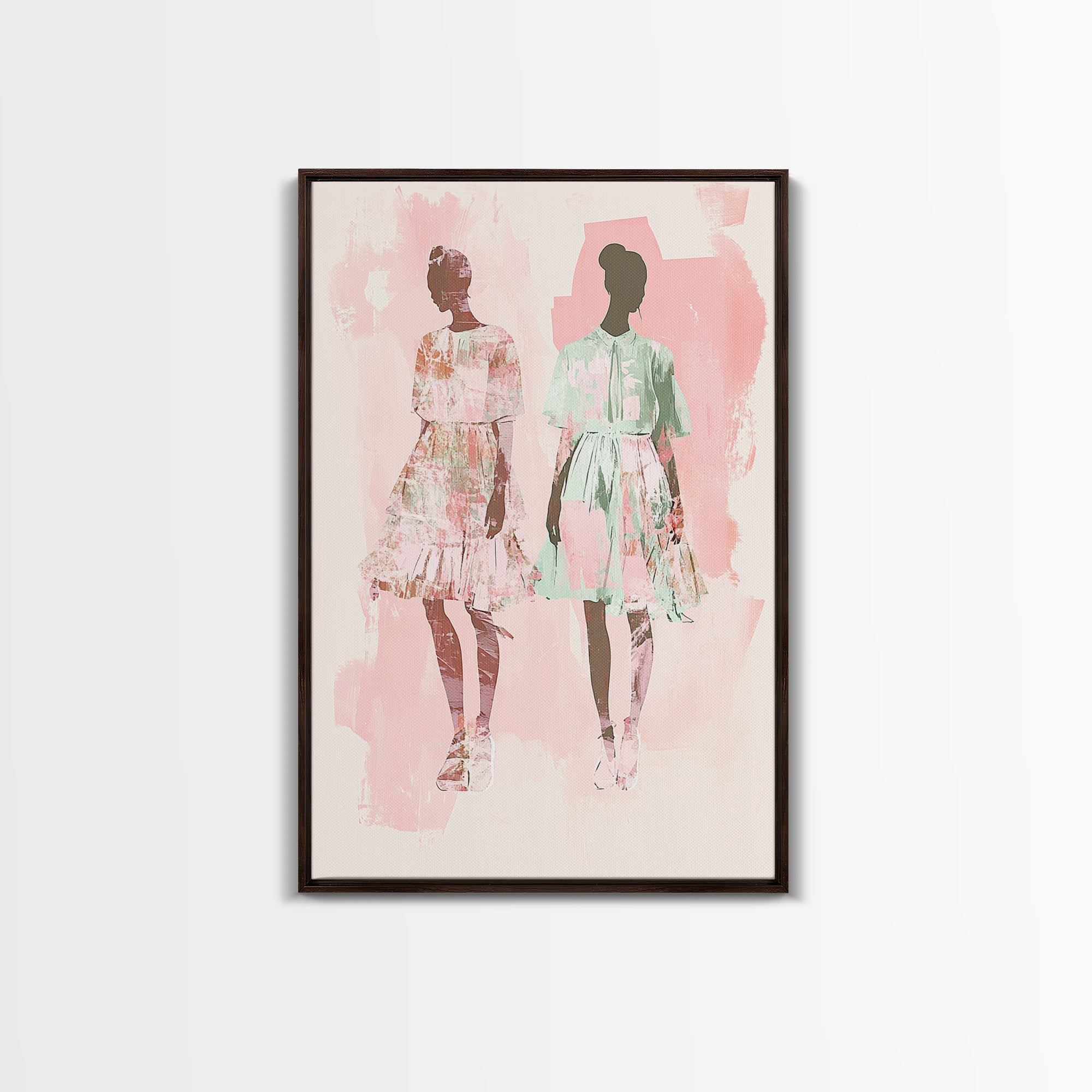 Fashion Silhouettes Canvas Print Whimsical Pink Wall Art Minimalist Decor Vertical Bedroom Art Cottagecore Style Living Room Artwork