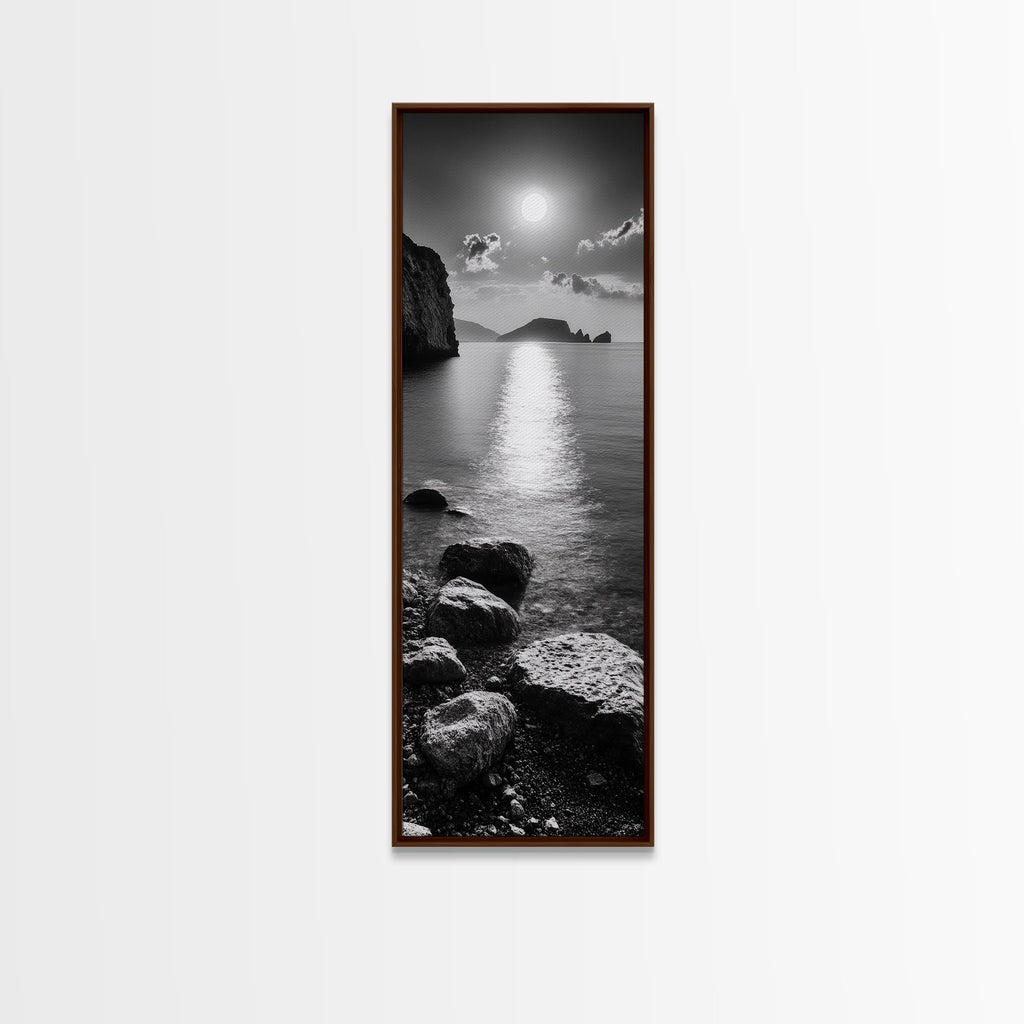 Moonlight Ocean View, Coastal Photography Art, Seascape Print, Framed Canvas Print, Bathroom Wall Art, Neutral Beach Decor