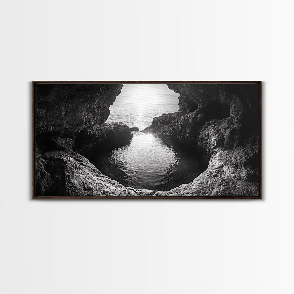 Ocean Cave Sunset, Seascape Art, Black and White Photography, Coastal Decor, Minimalist Style, Canvas Print, Bathroom Wall Art