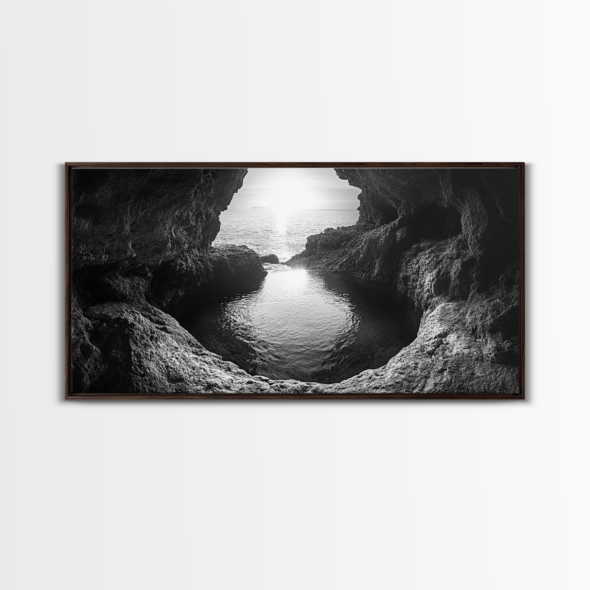 Ocean Cave Sunset, Seascape Art, Black and White Photography, Coastal Decor, Minimalist Style, Canvas Print, Bathroom Wall Art