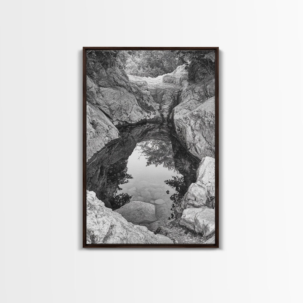 Reflective Rock Pool, Tranquil Nature, Monochrome Landscape, Black and White Framed Canvas Print, Minimalist Bathroom or Spa Wall Art