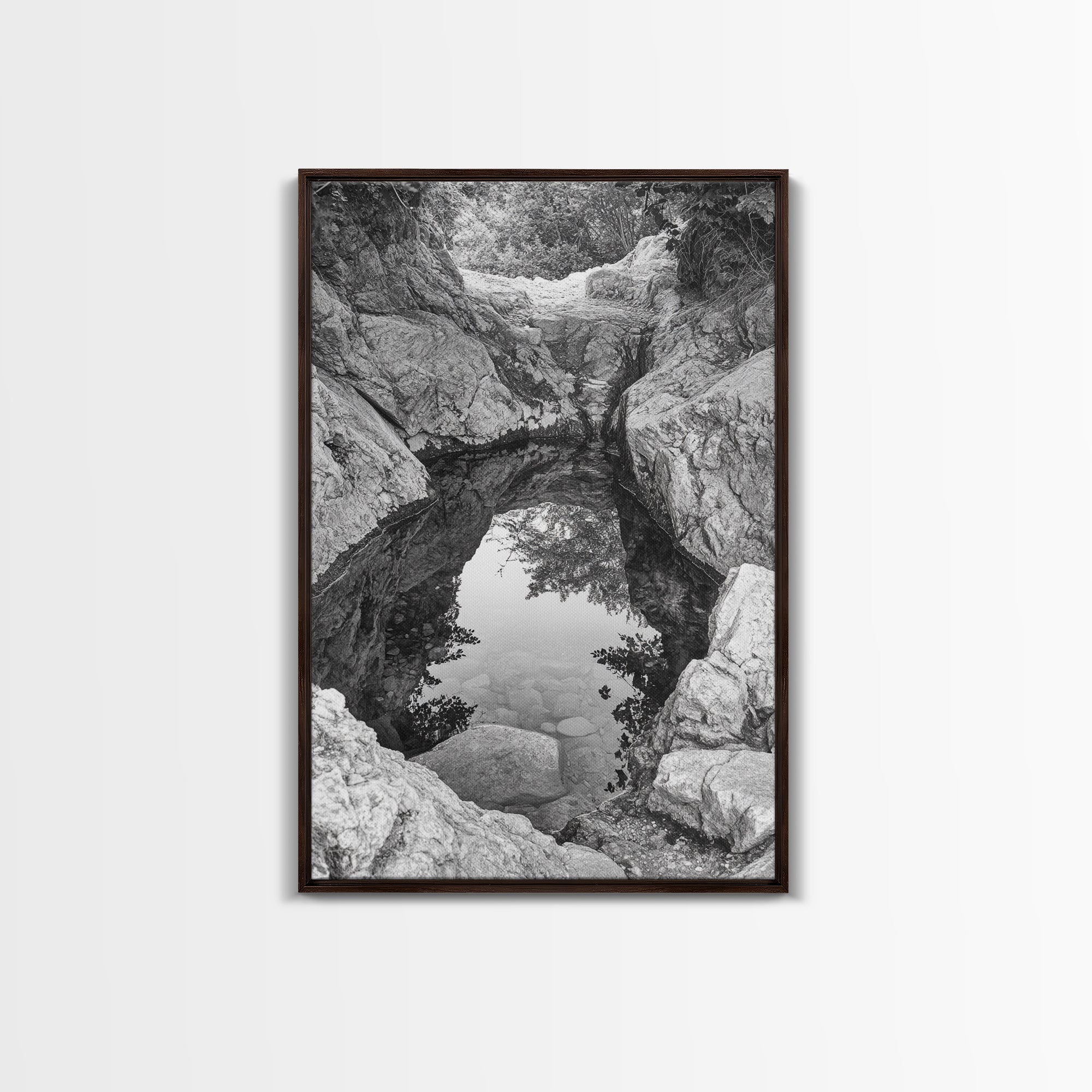 Reflective Rock Pool, Tranquil Nature, Monochrome Landscape, Black and White Framed Canvas Print, Minimalist Bathroom or Spa Wall Art
