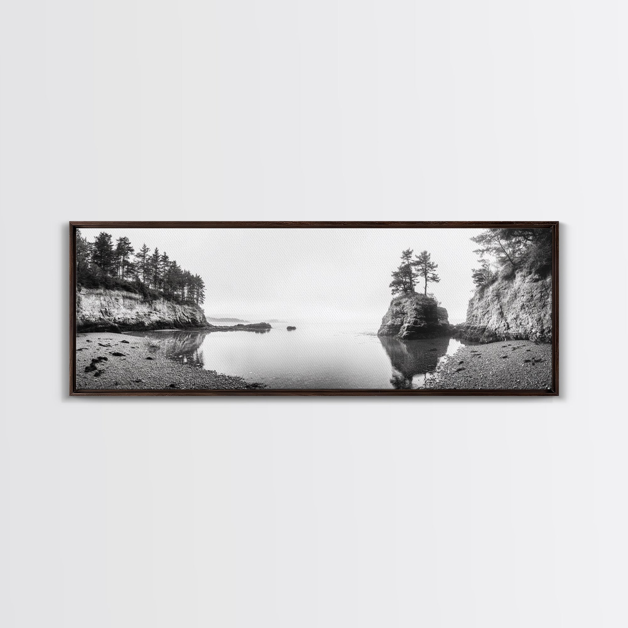 Forest Cove, Serene Shoreline, Calm Reflections, Canvas Print, peaceful nature wall art, neutral tones decor, minimalist bathroom artwork