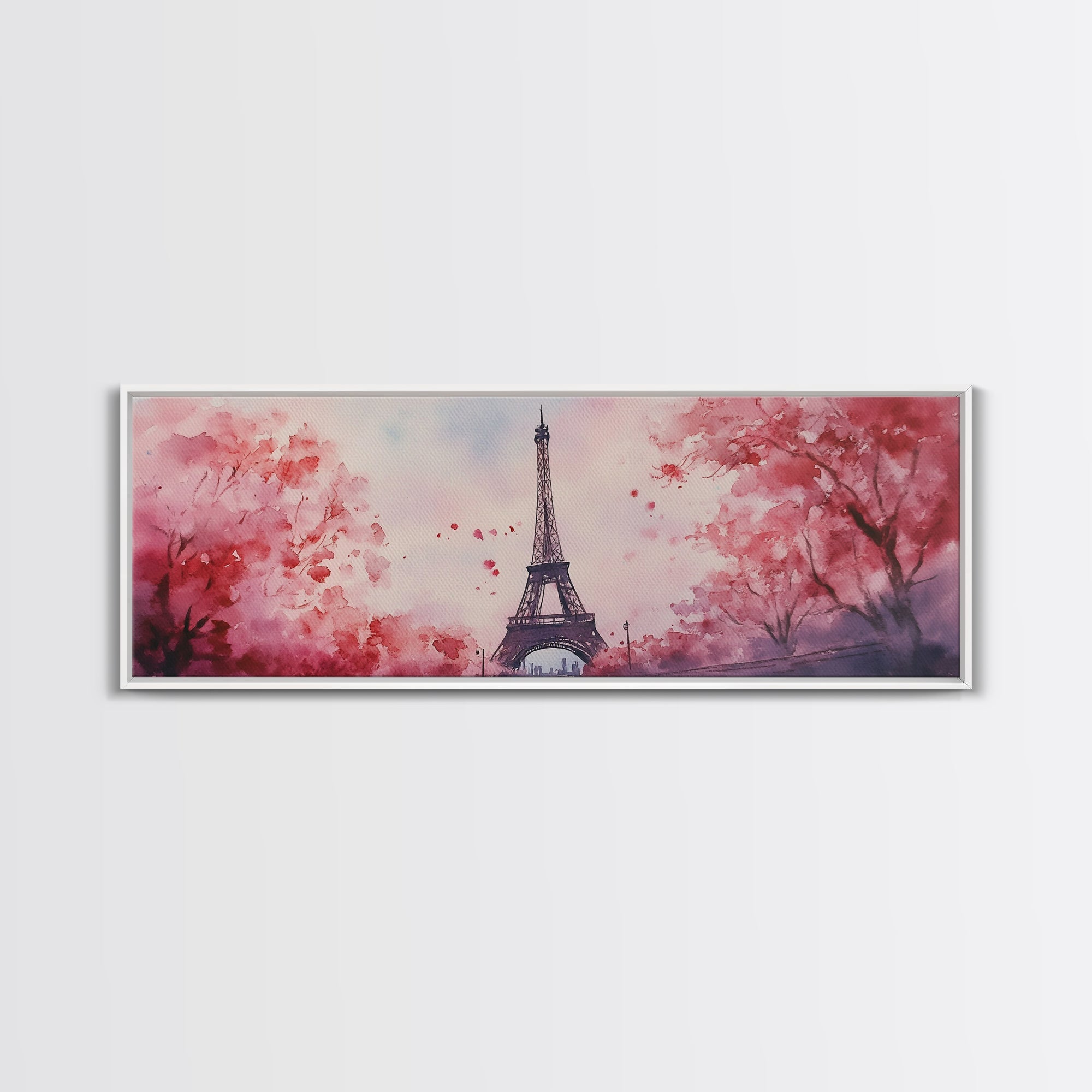 Eiffel Tower Canvas Print Pink Cherry Blossom Art Romantic Living Room Artwork Paris Decor Horizontal Bedroom Cottagecore Style