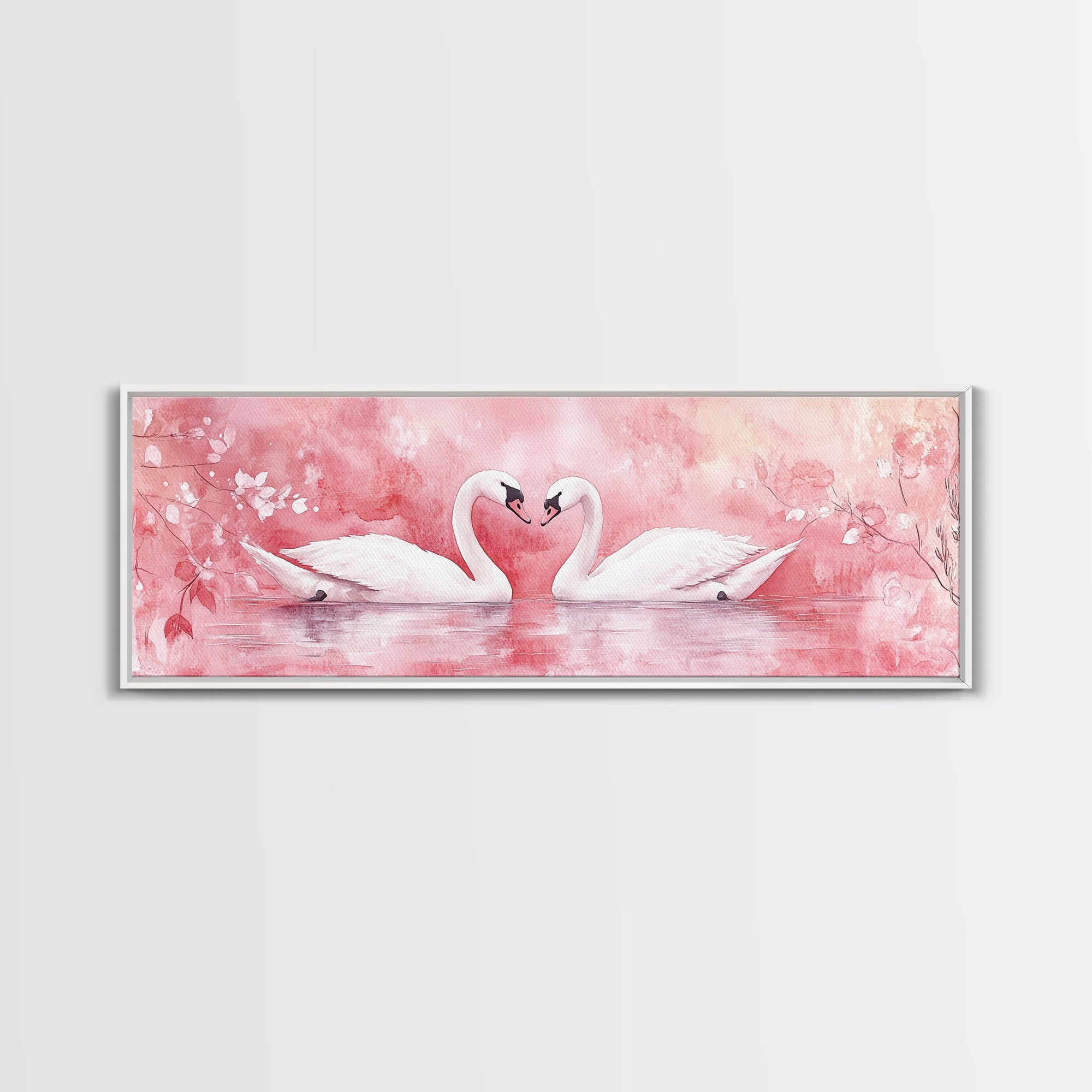 Swan Couple Lake Wall Art Framed Canvas Print, Romantic Cottagecore Decor, Light Pink Bedroom Artwork Rustic Living Room Art Gift
