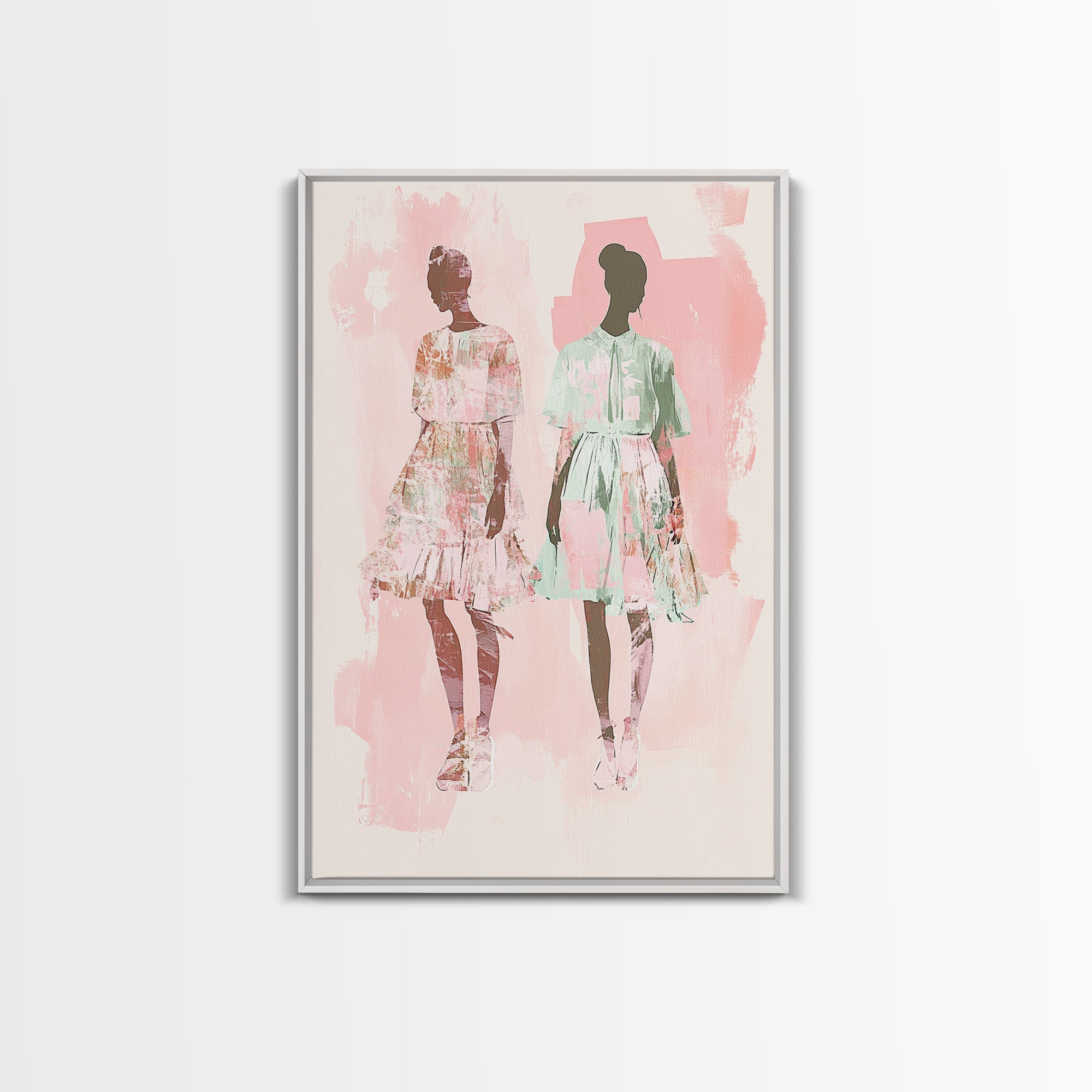 Fashion Silhouettes Canvas Print Whimsical Pink Wall Art Minimalist Decor Vertical Bedroom Art Cottagecore Style Living Room Artwork