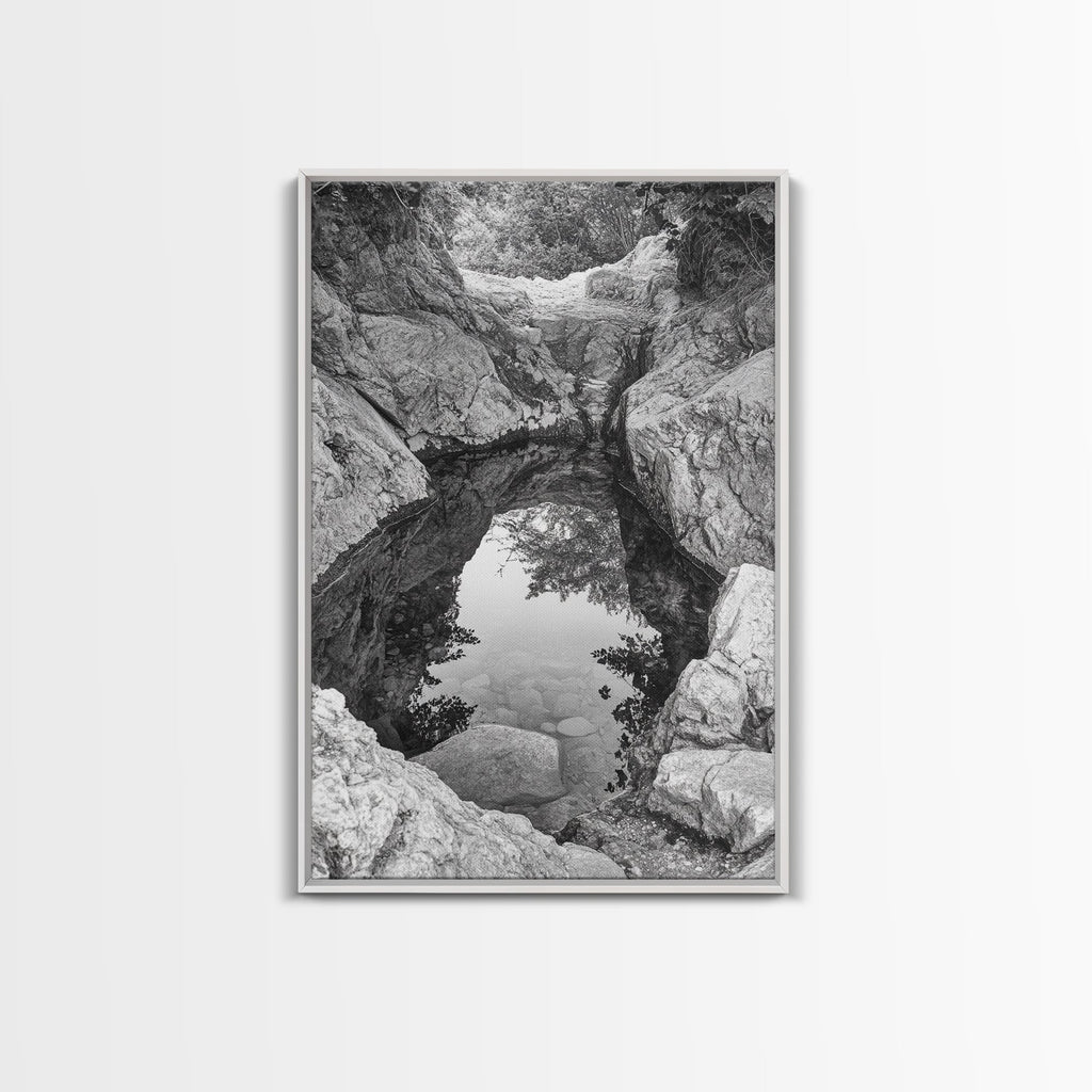Reflective Rock Pool, Tranquil Nature, Monochrome Landscape, Black and White Framed Canvas Print, Minimalist Bathroom or Spa Wall Art