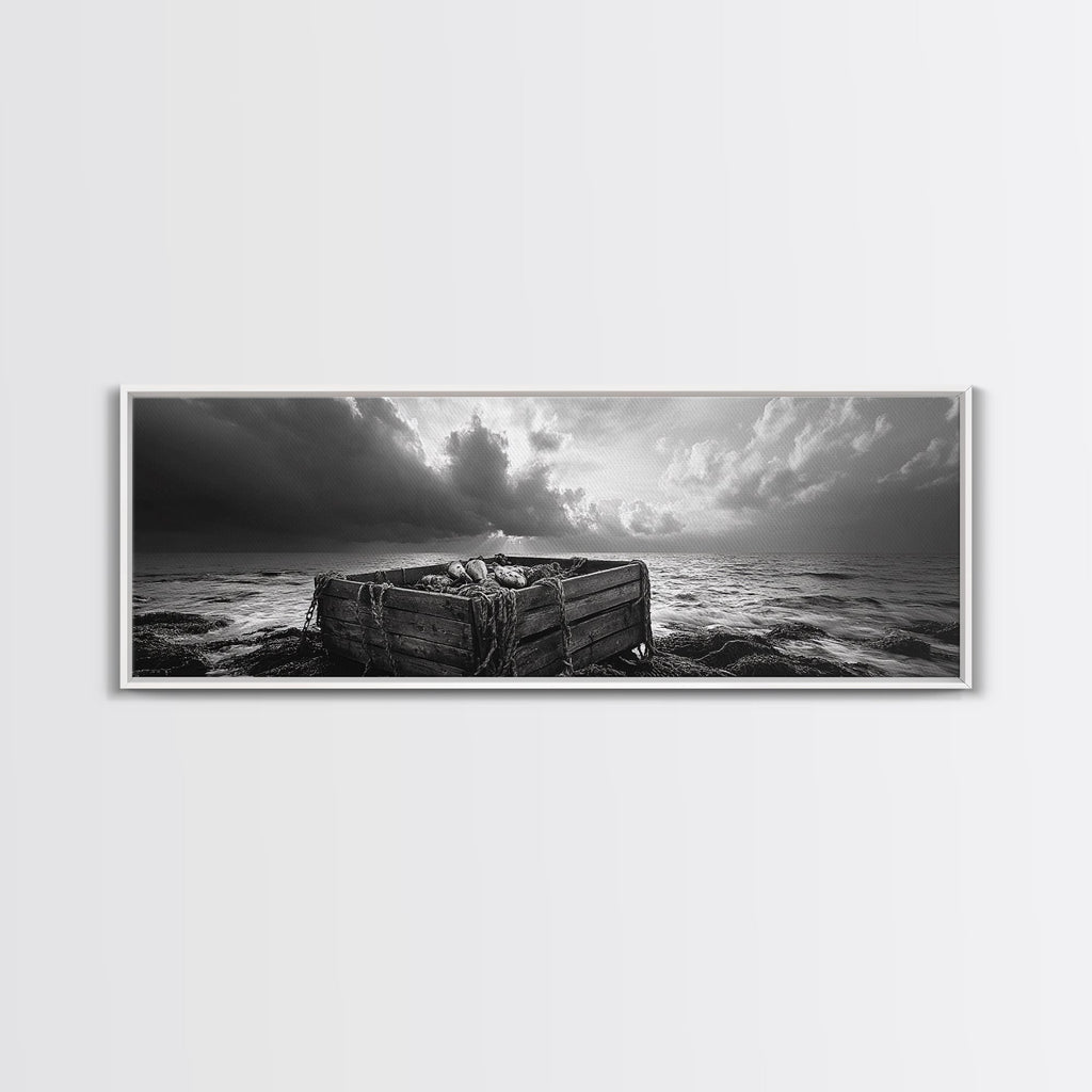 Ocean Harvest, Driftwood Crate, Coastal Mood, Framed Canvas Print, Nautical Wall Decor, Rustic Bathroom Art, Moody Coastal Artwork