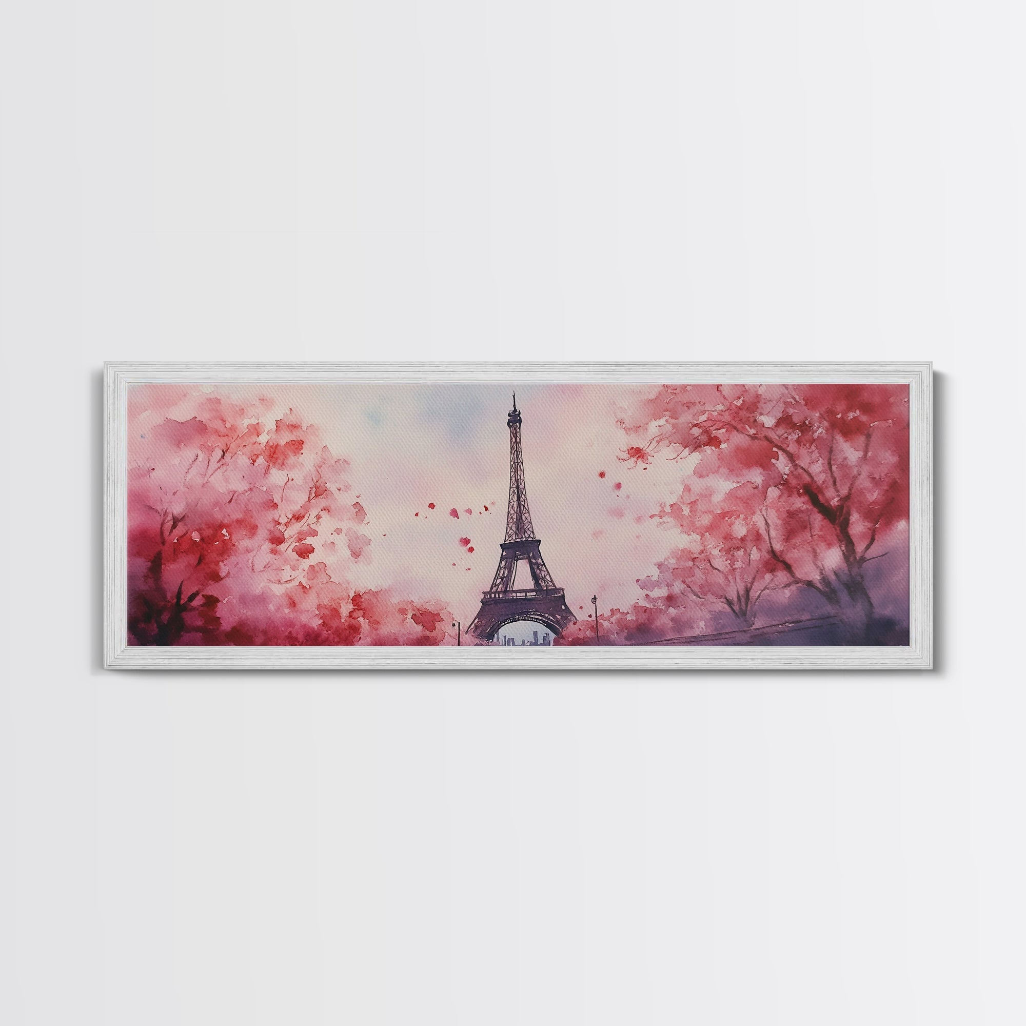 Eiffel Tower Canvas Print Pink Cherry Blossom Art Romantic Living Room Artwork Paris Decor Horizontal Bedroom Cottagecore Style