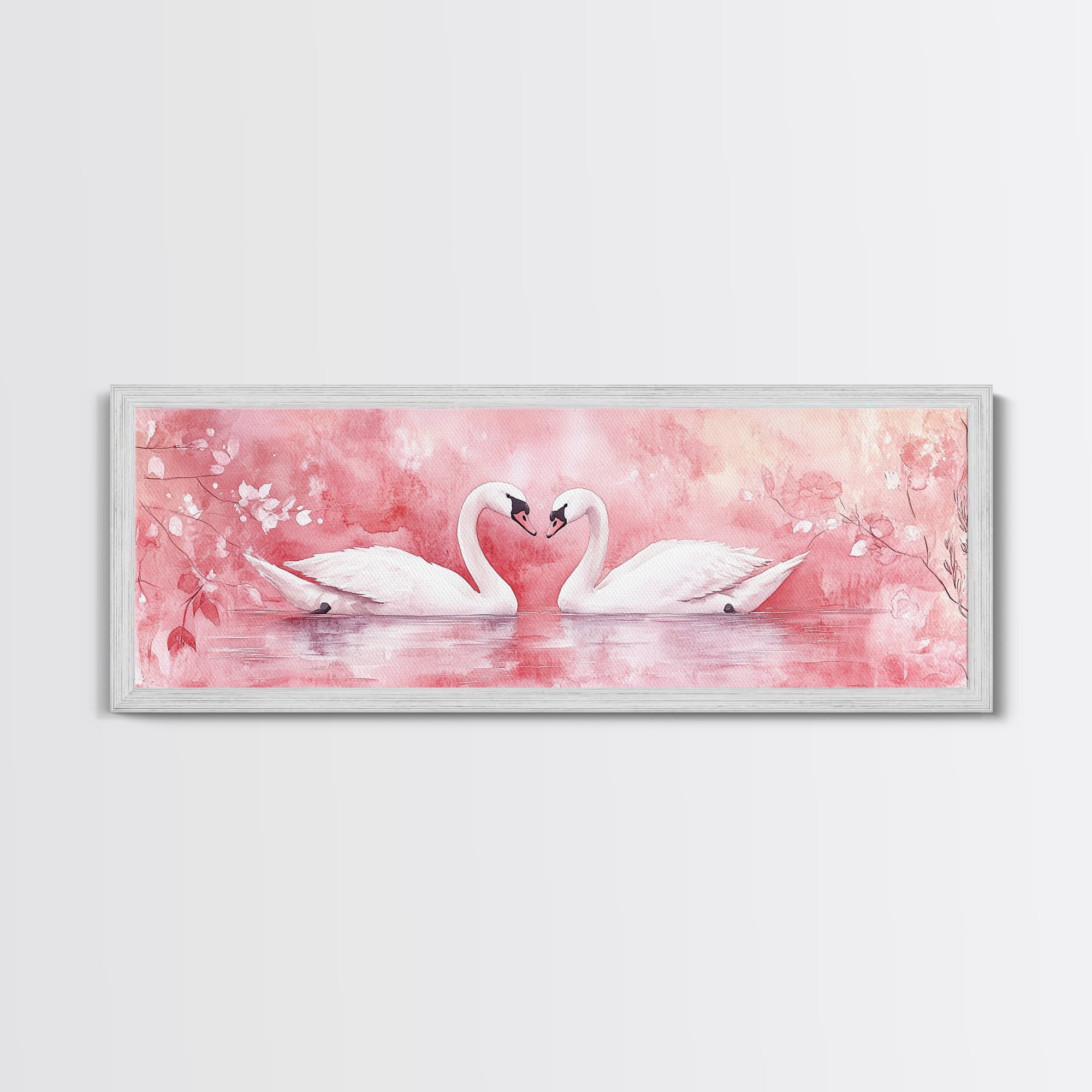 Swan Couple Lake Wall Art Framed Canvas Print, Romantic Cottagecore Decor, Light Pink Bedroom Artwork Rustic Living Room Art Gift