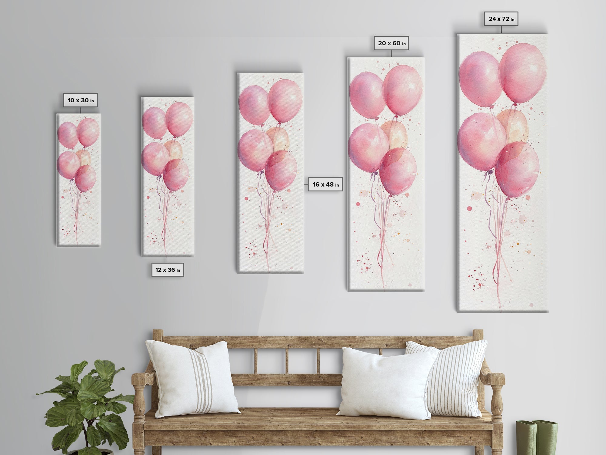 Floating Pink Balloons Framed Canvas Print Whimsical Cottagecore Light Pink Wall Art Minimalist Living Room Decor Boho Bedroom Artwork