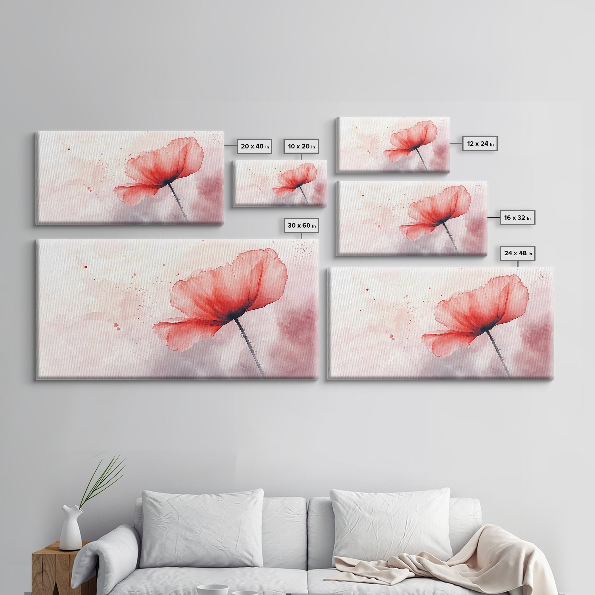 Watercolor Red Poppy Art Framed Canvas Print Minimalist Rustic Wall Decor Bedroom Art Wabi Sabi Cottagecore Living Room Artwork