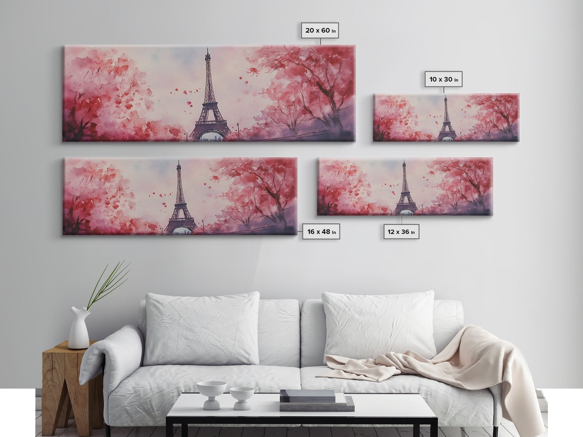 Eiffel Tower Canvas Print Pink Cherry Blossom Art Romantic Living Room Artwork Paris Decor Horizontal Bedroom Cottagecore Style