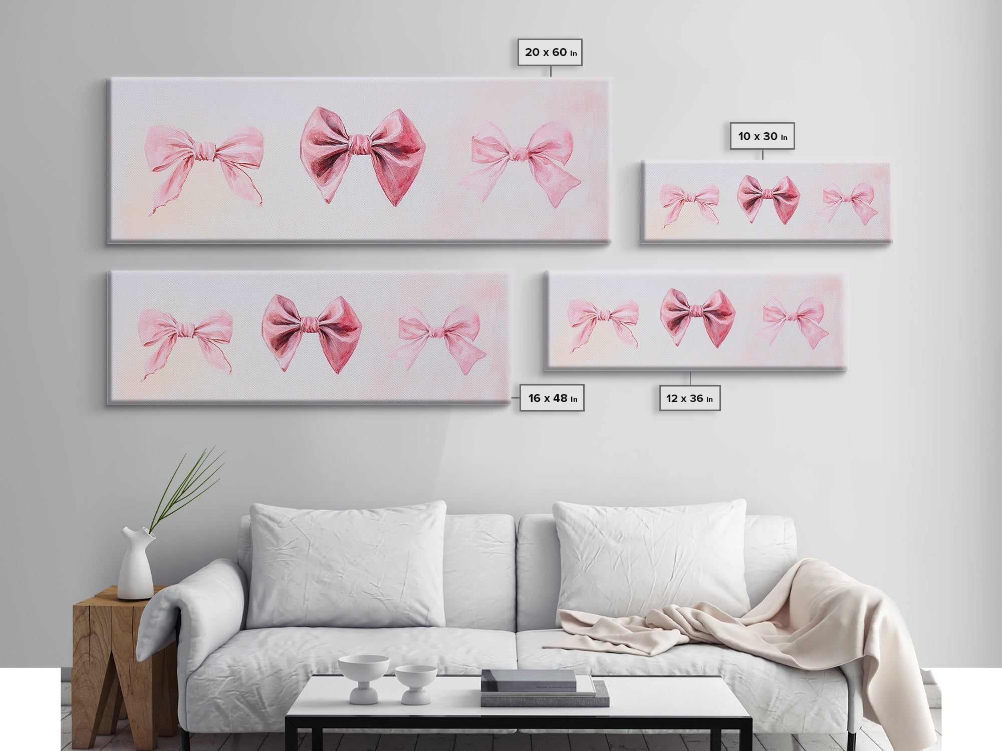 Pink Bows Canvas Print Light Wall Art Whimsical Cottagecore Decor Artistic Living Room Artwork Horizontal Bedroom Gift Idea