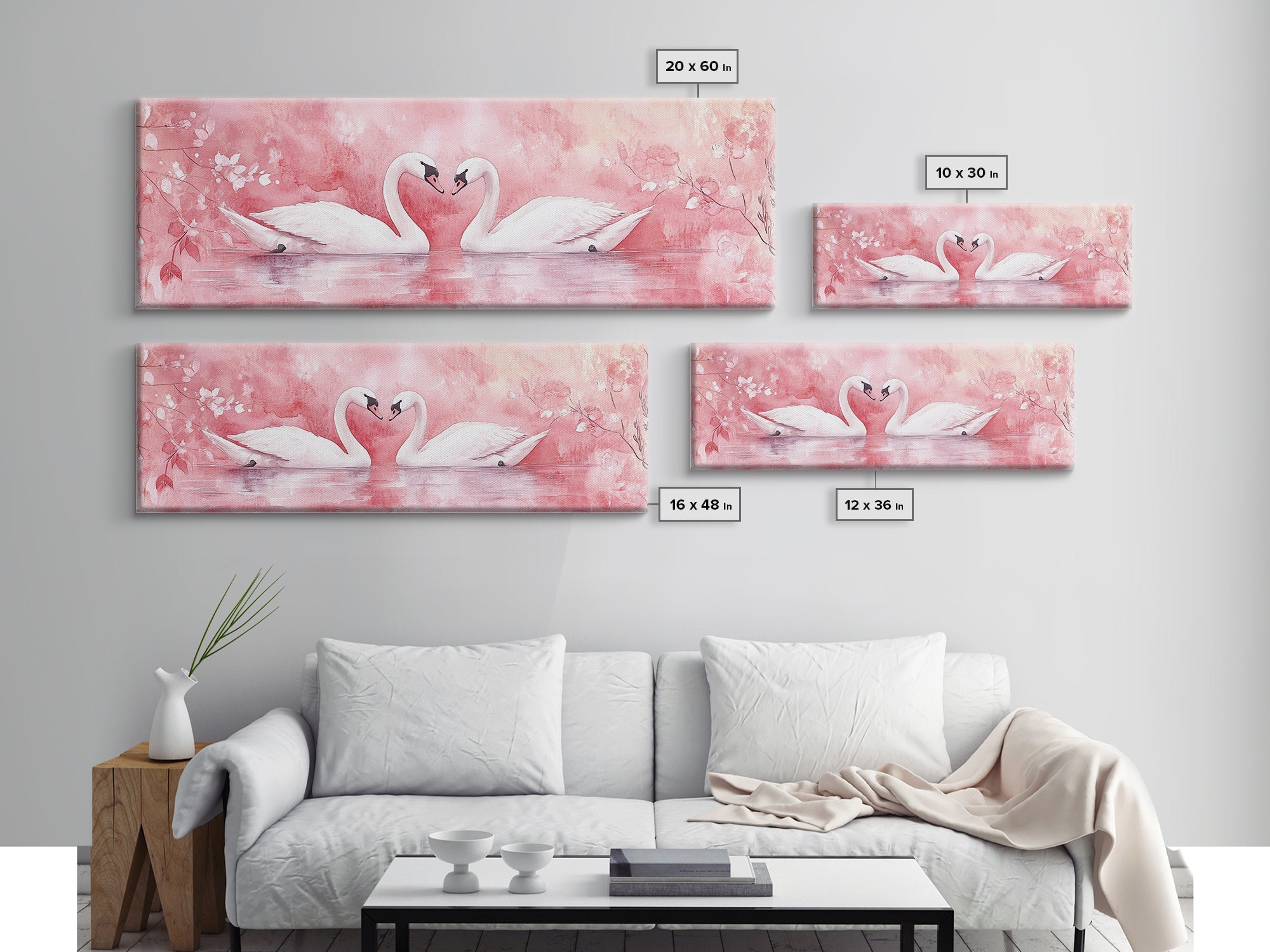 Swan Couple Lake Wall Art Framed Canvas Print, Romantic Cottagecore Decor, Light Pink Bedroom Artwork Rustic Living Room Art Gift