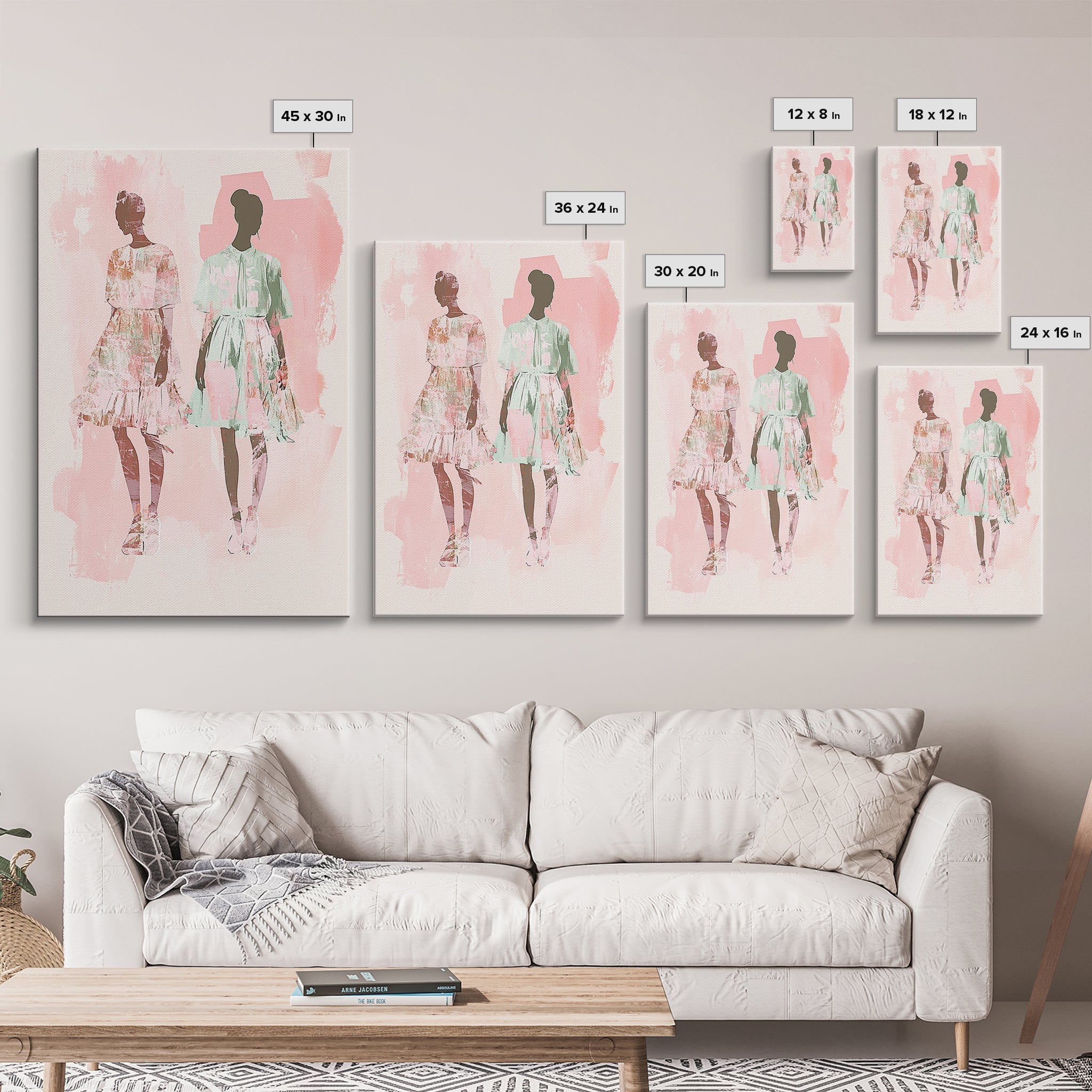 Fashion Silhouettes Canvas Print Whimsical Pink Wall Art Minimalist Decor Vertical Bedroom Art Cottagecore Style Living Room Artwork