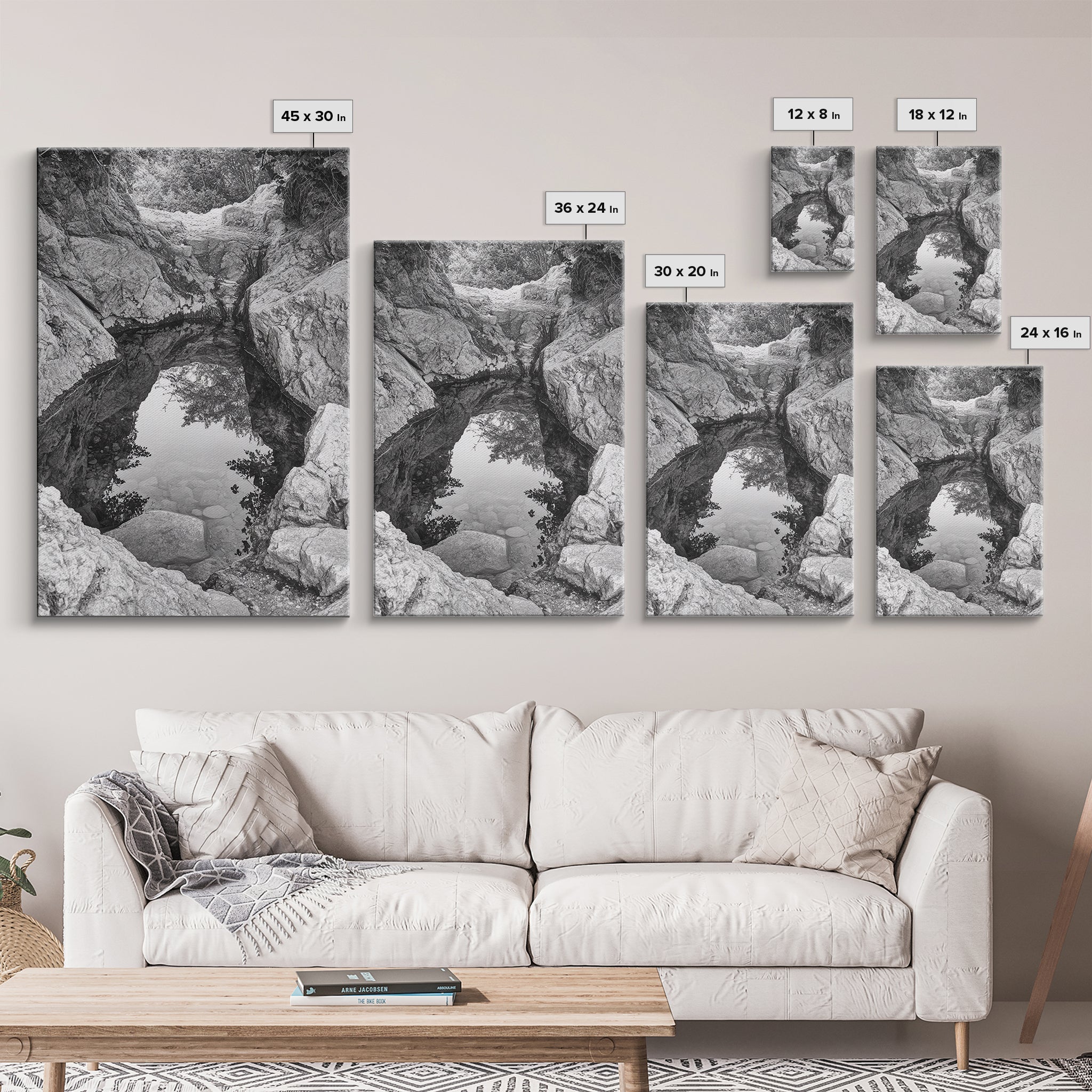 Reflective Rock Pool, Tranquil Nature, Monochrome Landscape, Black and White Framed Canvas Print, Minimalist Bathroom or Spa Wall Art