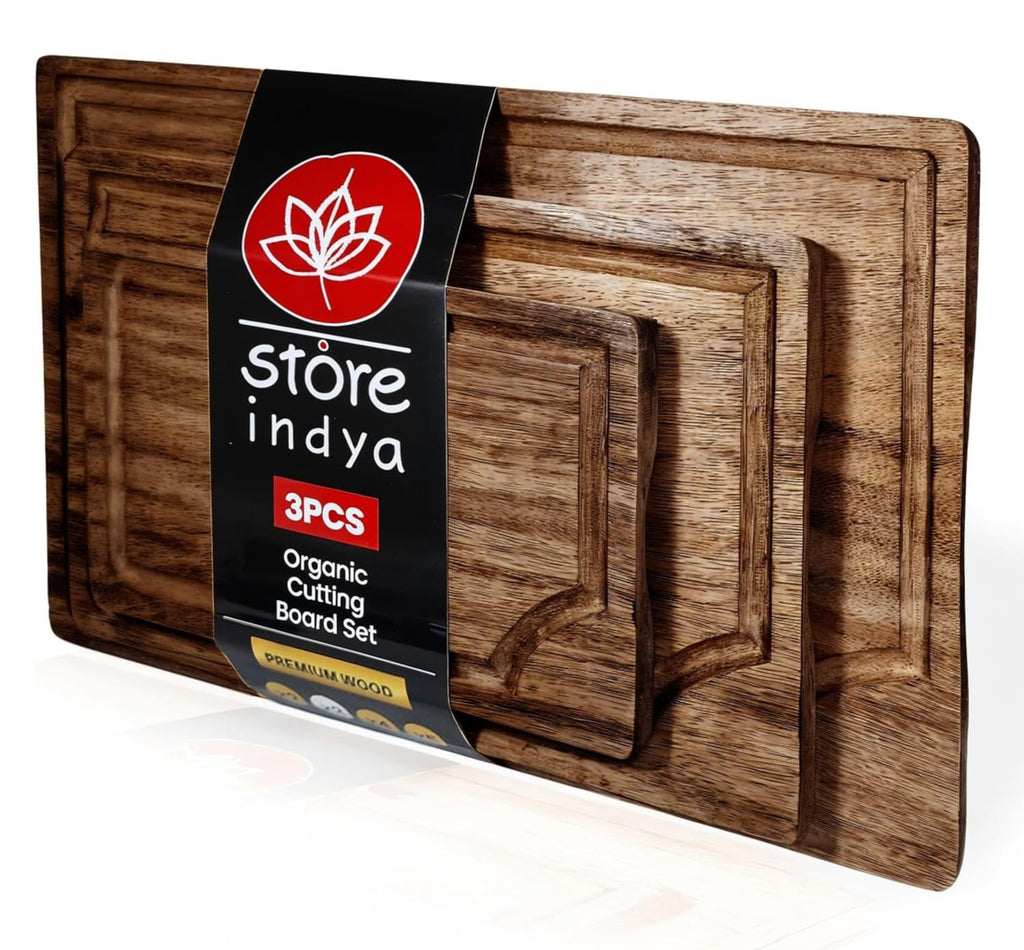 STORE INDYA Cutting Boards for Kitchen - Set of 3 Wooden Chopping Boards for Prep & Serving, Charcuterie Board, Butcher Block, Non Toxic Wood Cutting Boards – Large, Medium, Small – Gift Ready (Brown)