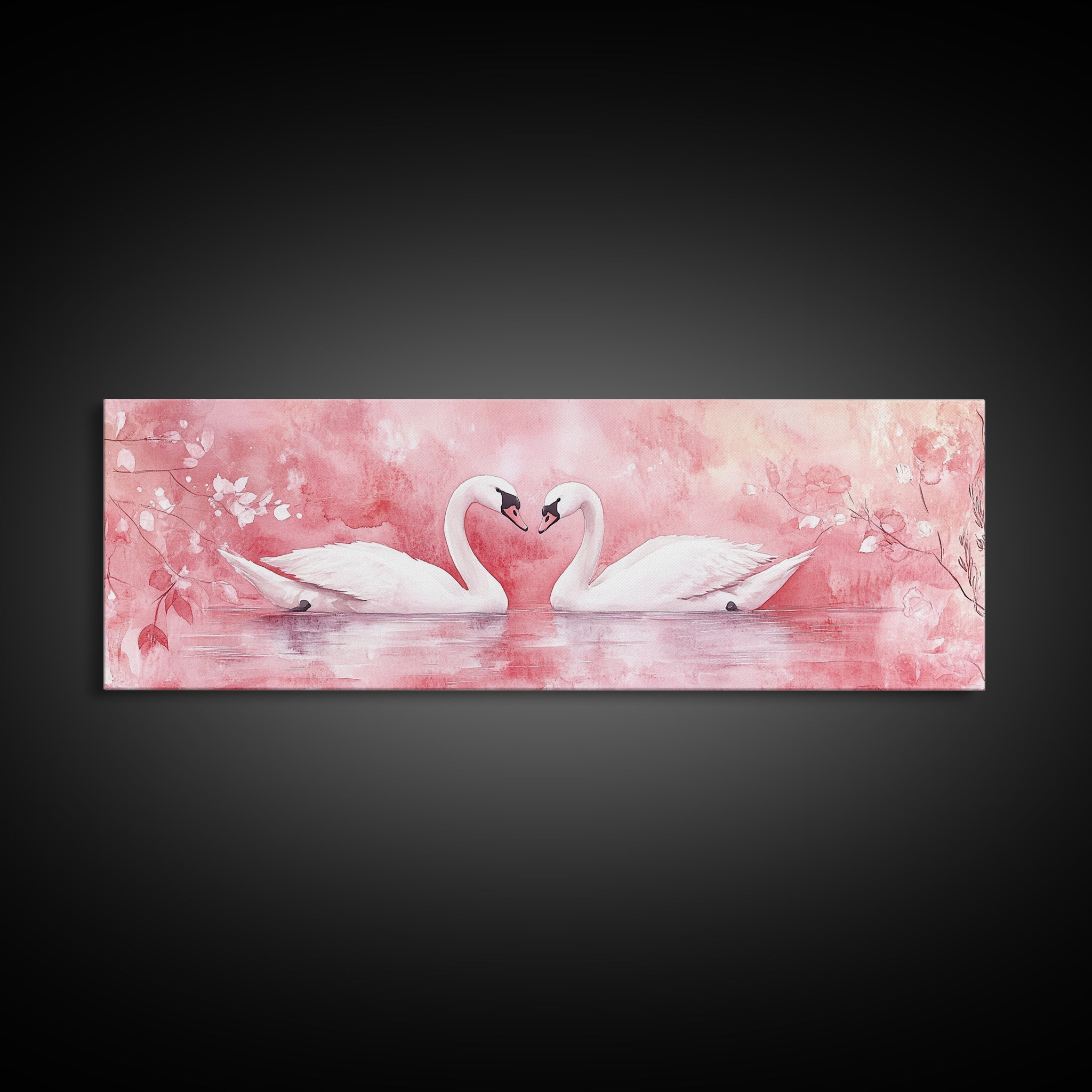 Swan Couple Lake Wall Art Framed Canvas Print, Romantic Cottagecore Decor, Light Pink Bedroom Artwork Rustic Living Room Art Gift