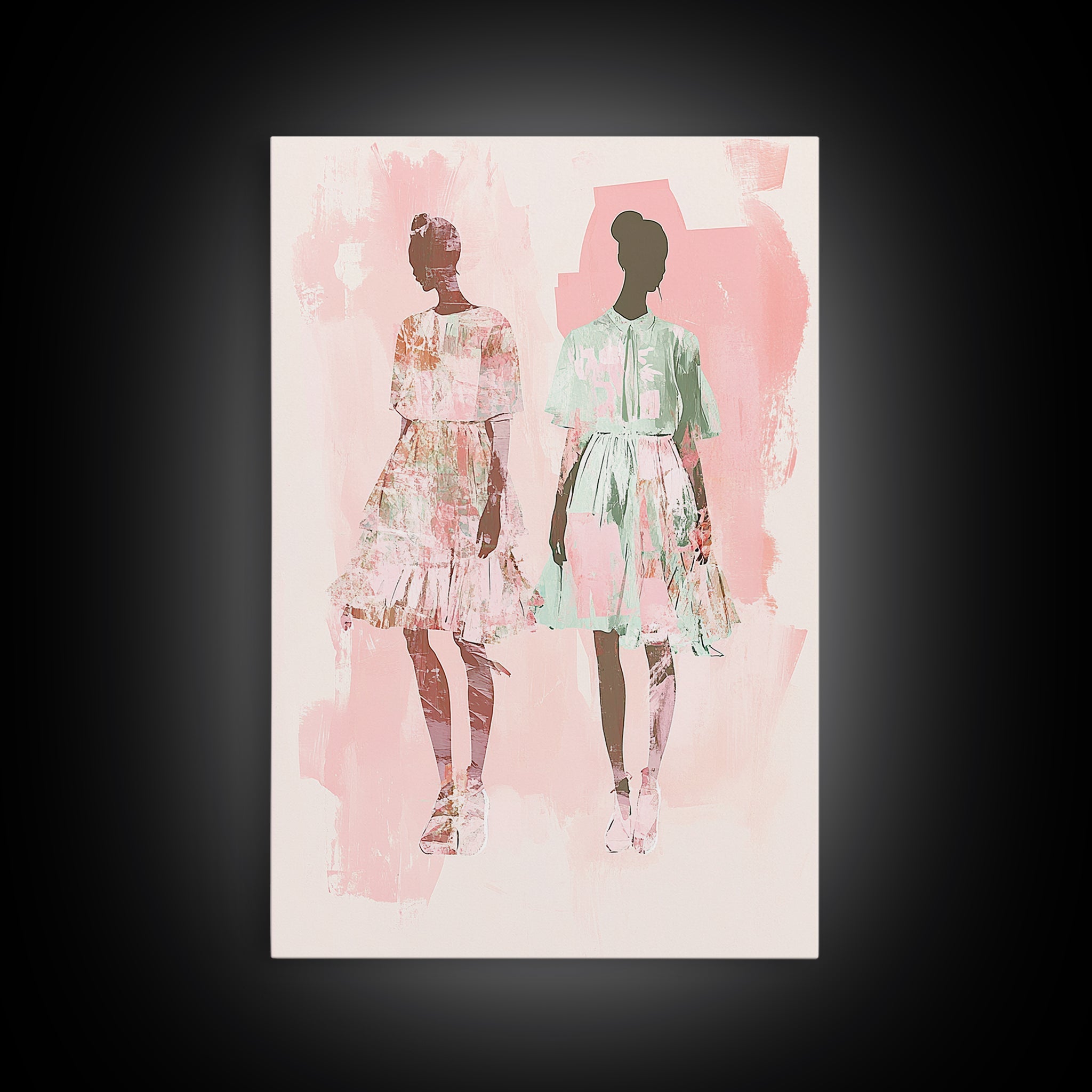 Fashion Silhouettes Canvas Print Whimsical Pink Wall Art Minimalist Decor Vertical Bedroom Art Cottagecore Style Living Room Artwork