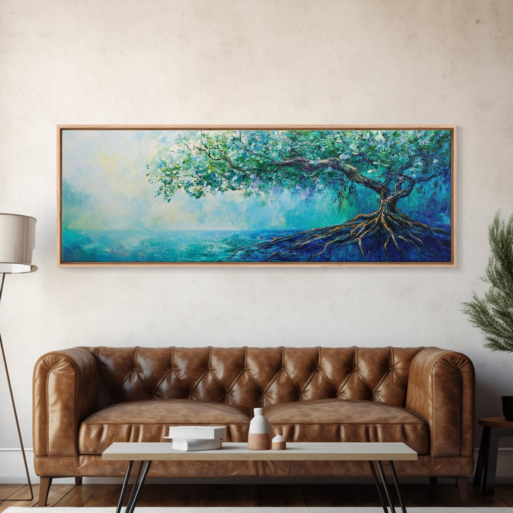 Mystical Tree Art Canvas Print Blue Abstract Nature Wall Decor Dreamy Coastal Artwork Living Room or Bedroom Accent Minimalist Boho