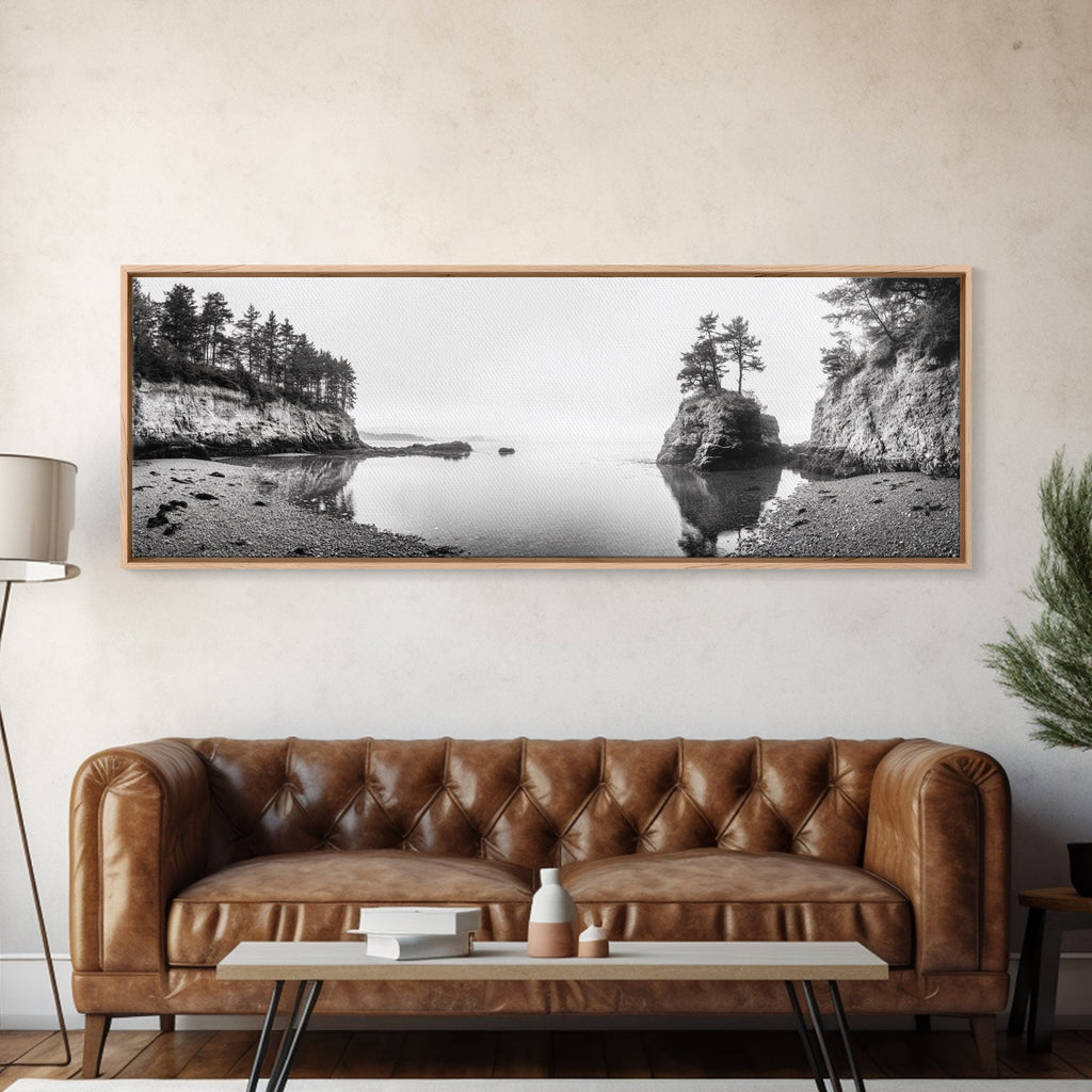 Forest Cove, Serene Shoreline, Calm Reflections, Canvas Print, peaceful nature wall art, neutral tones decor, minimalist bathroom artwork