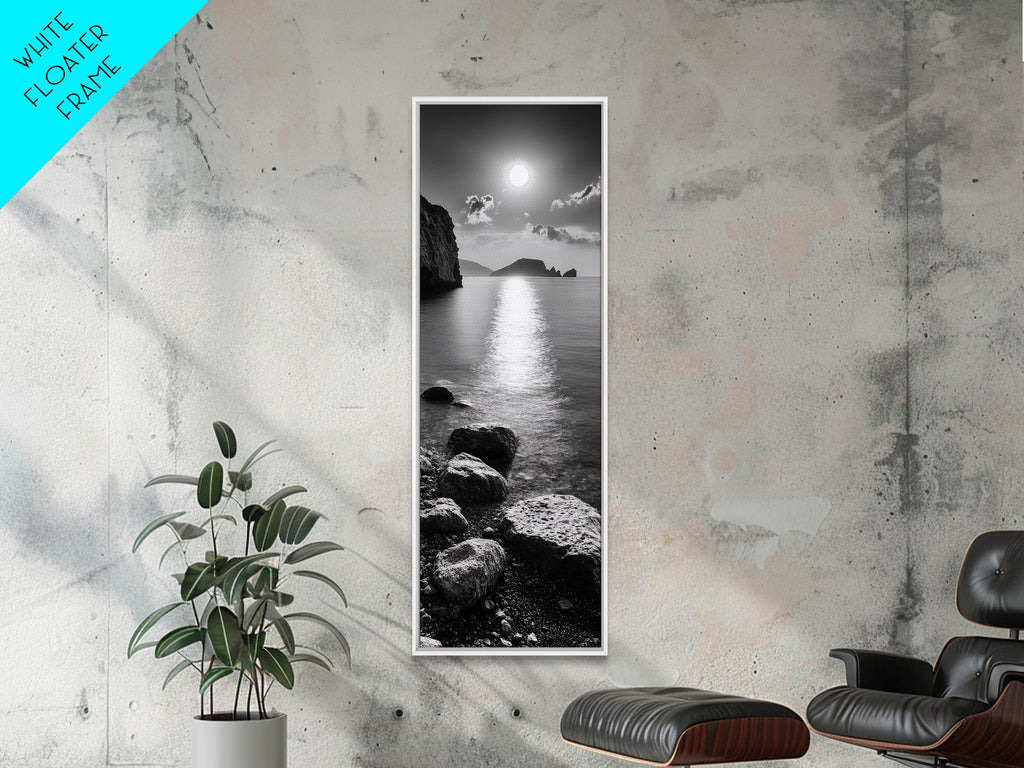Moonlight Ocean View, Coastal Photography Art, Seascape Print, Framed Canvas Print, Bathroom Wall Art, Neutral Beach Decor
